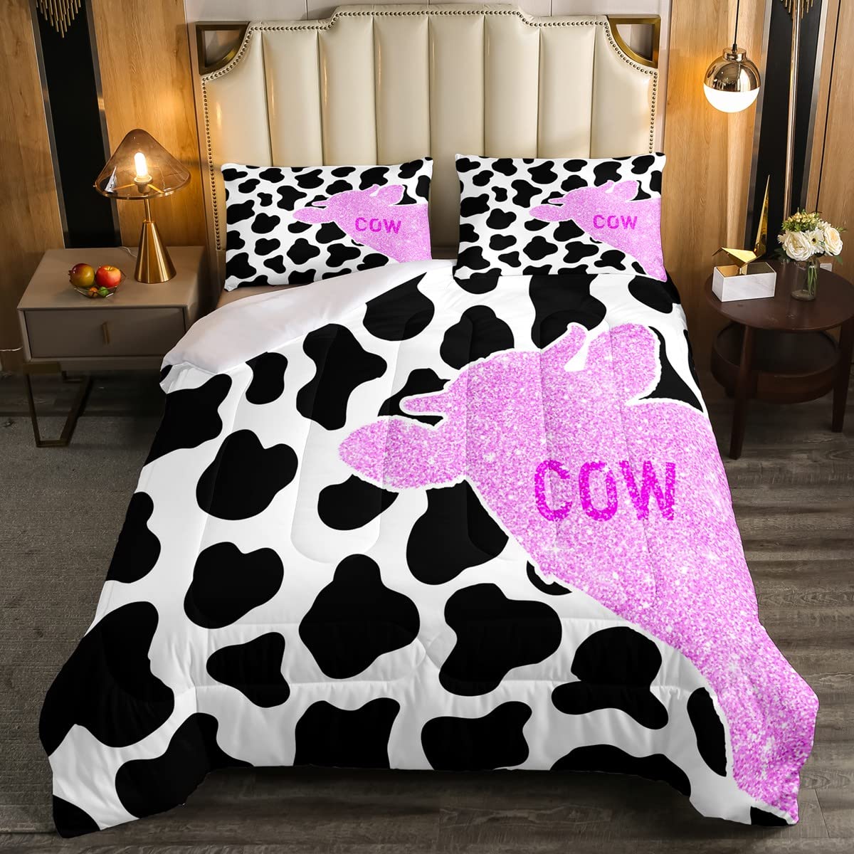 Black and White Cow Print Comforter Set Twin Size - Pink Cow Sequins Silhouette Bedding, Modern Farm Animal Microfiber Quilt/Duvet Set for Kids & Teens (2-Piece) - Perfect for Farmhouse, Nursery, or Teen Girl's Bedroom Decor