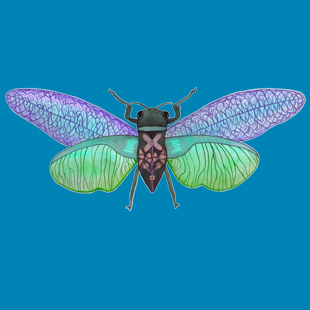Design By Humans Men's Botanical Watercolor Cicada T-Shirt by MisoKnotty | Unique Artistic Graphic Tee for Casual Wear & Summer Outfits