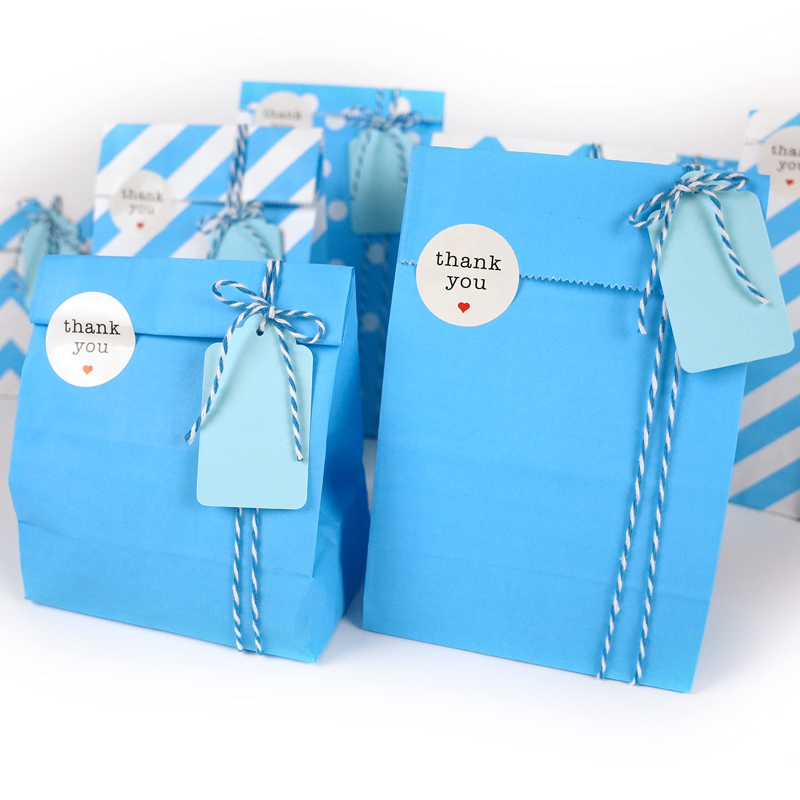 SMINTINE 30-Pack Blue Goodie Bags with Thank You Stickers - 5x3x9 Inch Blue Paper Gift Bags with Cotton Bakers Twine - Perfect for Kids Birthday Party Favors, Baby Shower Gifts, Wedding Favors & Holiday Treat Bags