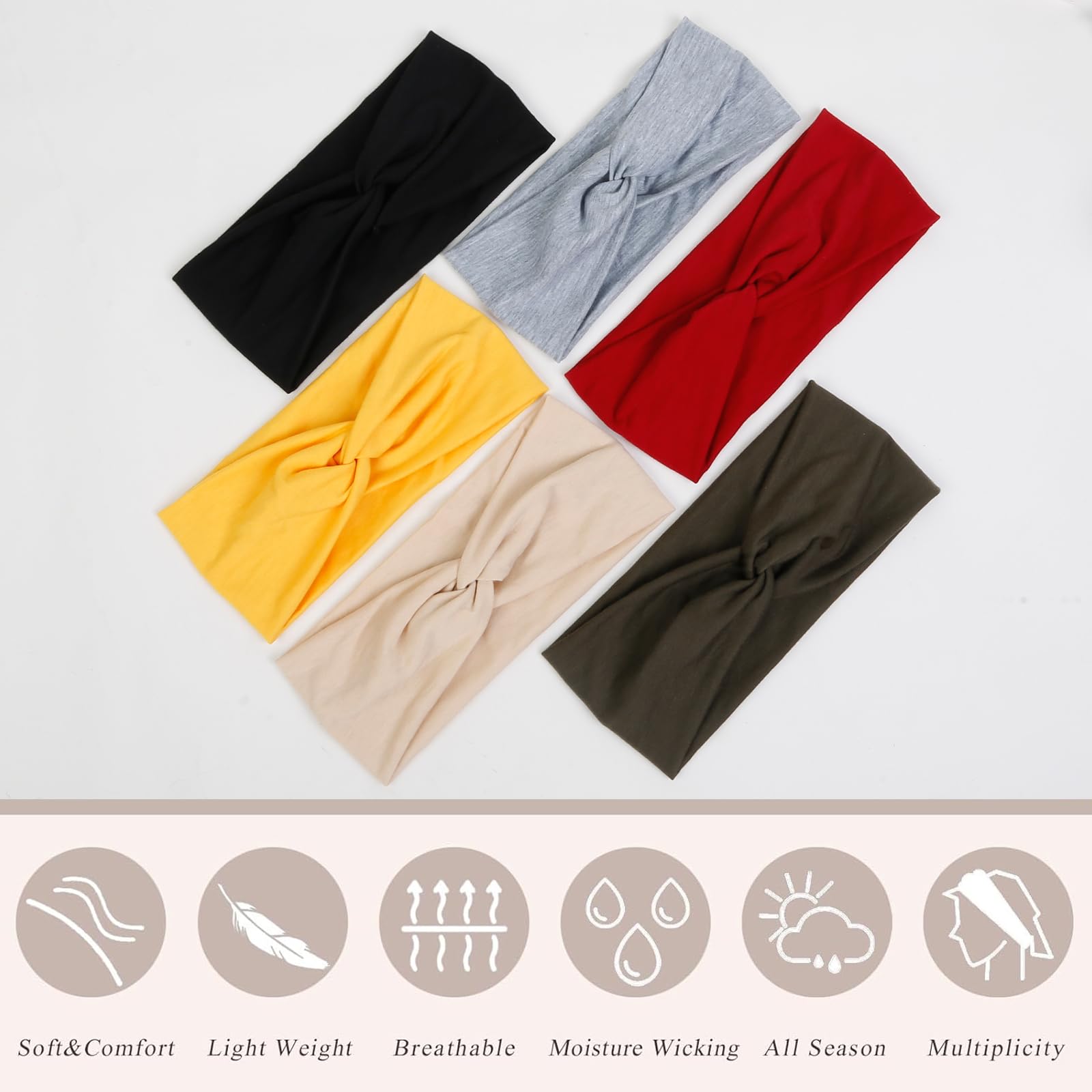 TERSE 6 Pack Non-Slip Wide Headbands for Women - Fashion Hair Bands for Workout, Yoga, Running & Sports - Soft Stretch Head Wraps for All-Day Comfort