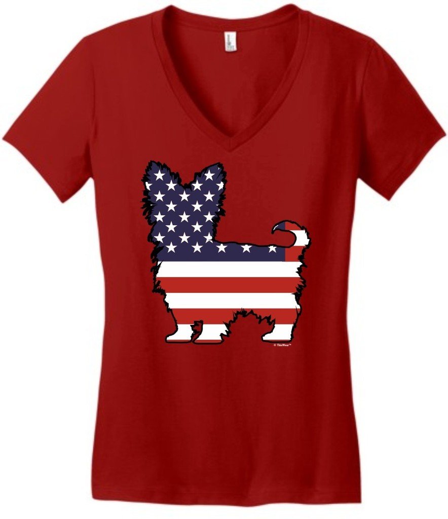 Patriotic Dog Yorkie Yorkshire Terrier America Flag V-Neck T-Shirt for Women - Perfect for 4th of July, Memorial Day & Independence Day Celebrations