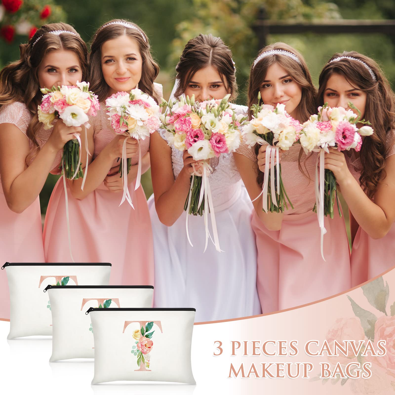 3-Piece Floral Monogram Makeup Bag Set - Personalized Cosmetic Pouch for Women, Brides, Teachers - 9x6 Inch Canvas Travel Organizer - Perfect for Weddings, Bridal Showers, Mother's Day & Birthday Gifts (T Style) - Ideal for Travel, Daily Use & Special Occasions