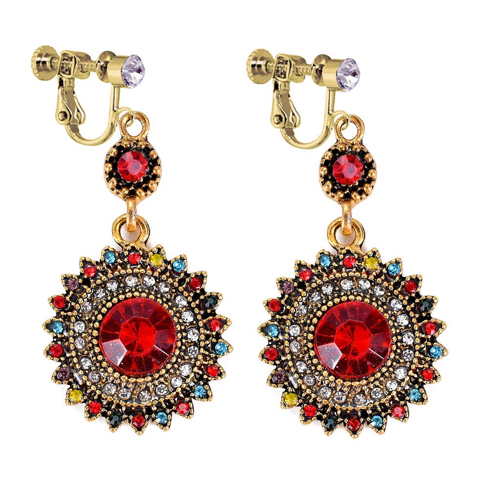 Bohemian Vintage Sunflower Dangle Earrings for Women - Floral Clip On Resin Eardrops in Red | Perfect for Summer Festivals, Beach Parties & Boho Chic Outfits