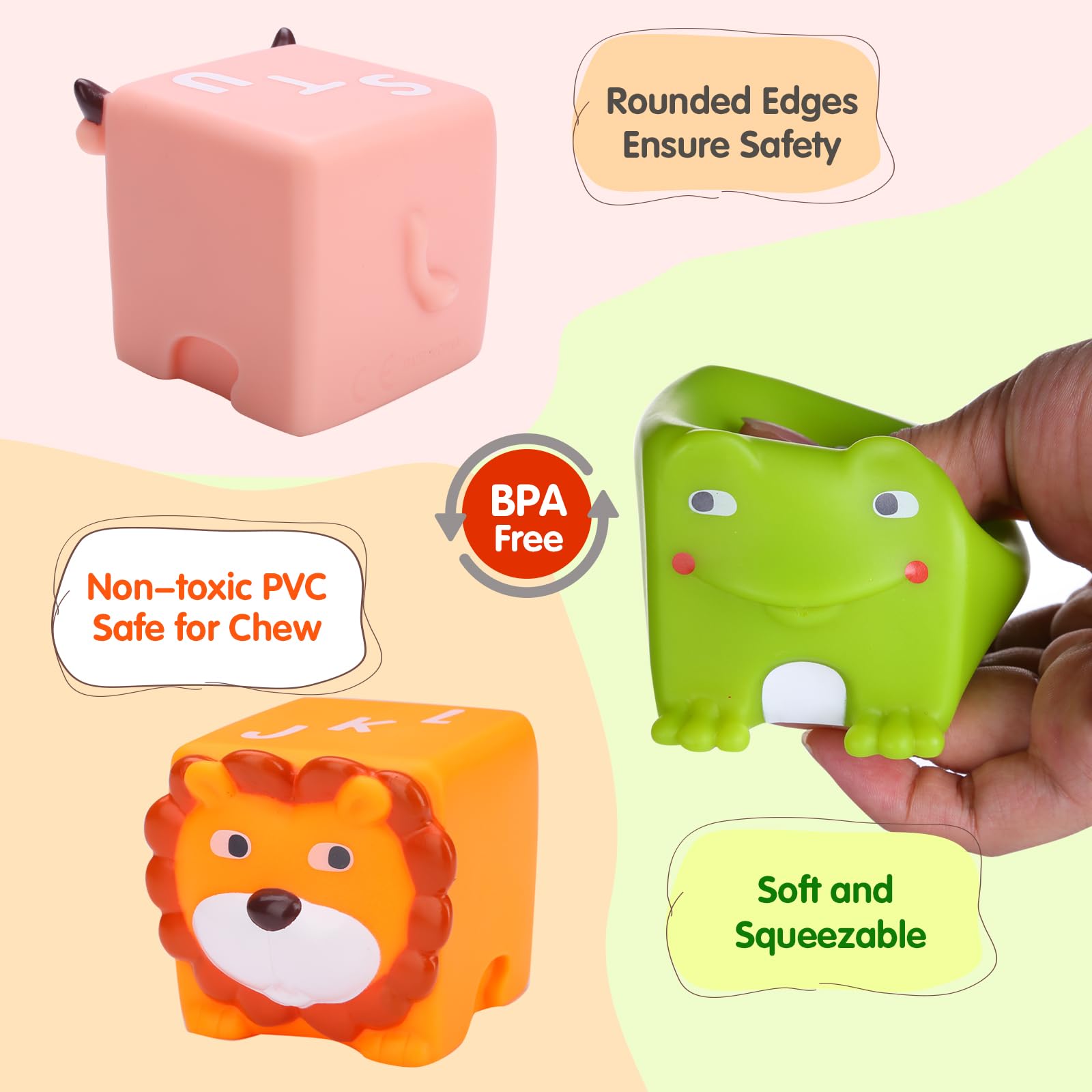 Soft Baby Blocks – 12-Piece Stacking & Building Toys for Babies & Toddlers 6+ Months – No Hole Squeeze Animal Sensory Teething Toys – Perfect for Early Learning, Motor Skills Development & Playtime Fun