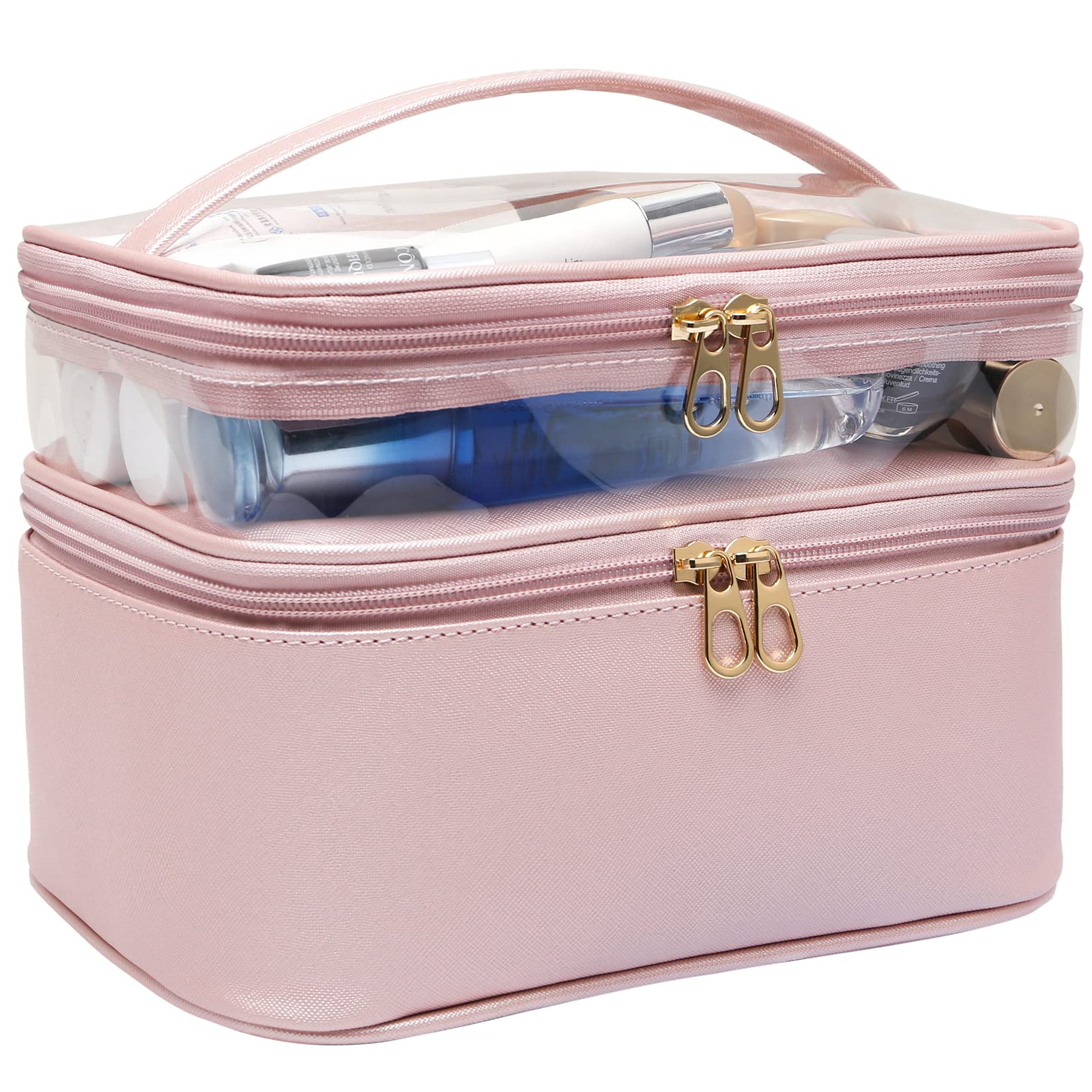 Premium Leather Makeup Bag for Women - Double Layer Large Cosmetic Organizer with Travel Essentials, Dorm Room Toiletry Bag - Perfect for Travel, Daily Use & Valentine's Day Gifts for Her/Wife