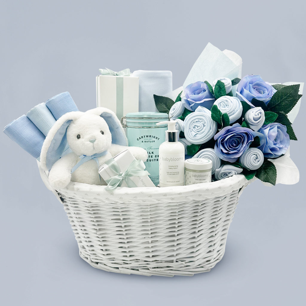 Premium Newborn Baby Gift Basket for Boys - Luxury Baby Shower, Christening & Welcome Home Gift Set - Blue & White Theme - Perfect for New Parents & Infants