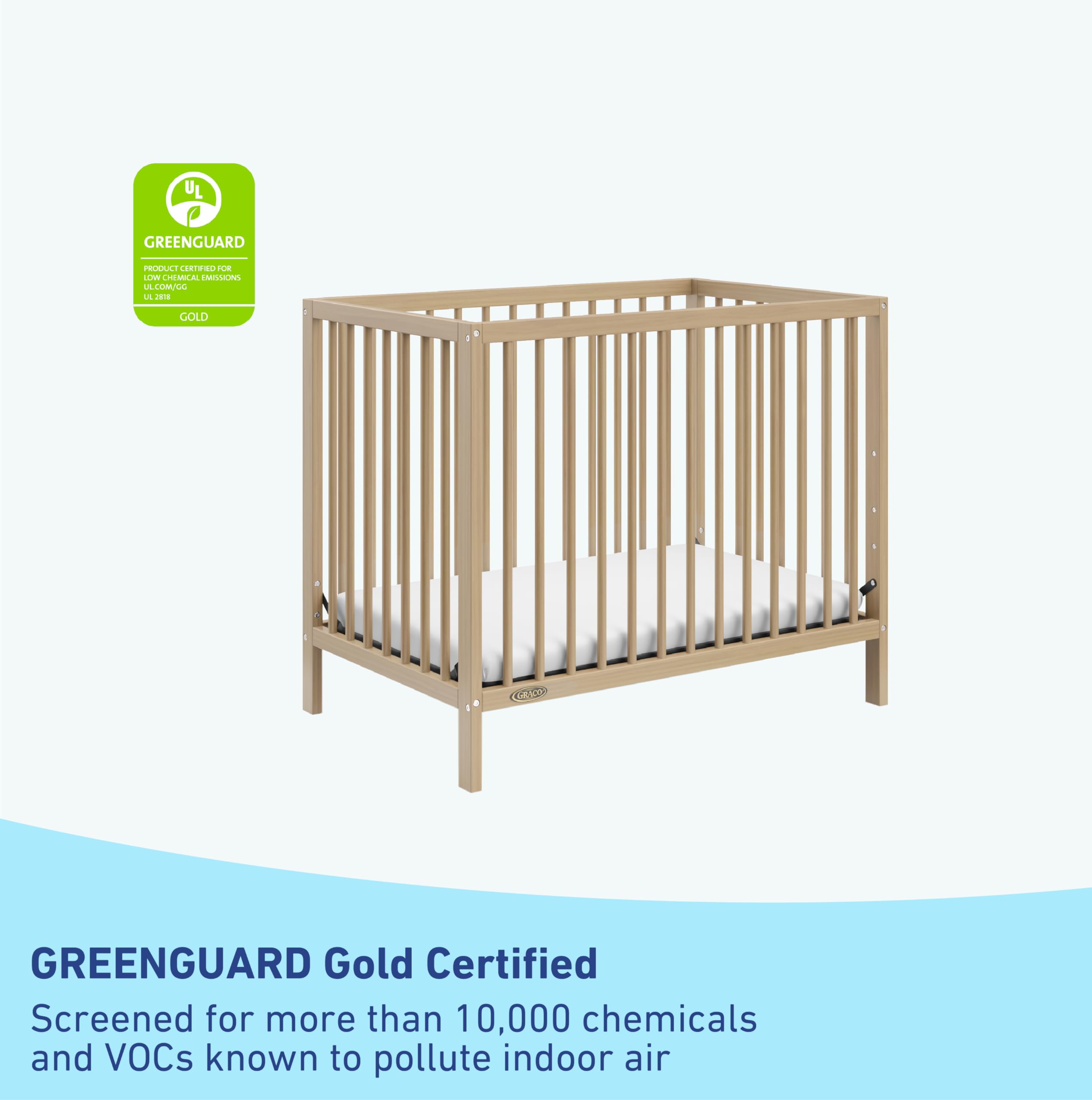 Graco Teddi 4-in-1 Convertible Mini Crib with Water-Resistant Mattress - GREENGUARD Gold Certified, Driftwood Finish | Space-Saving Nursery Solution for Small Rooms & Apartments | Includes 2.75-Inch Mattress, Easy 30-Min Assembly