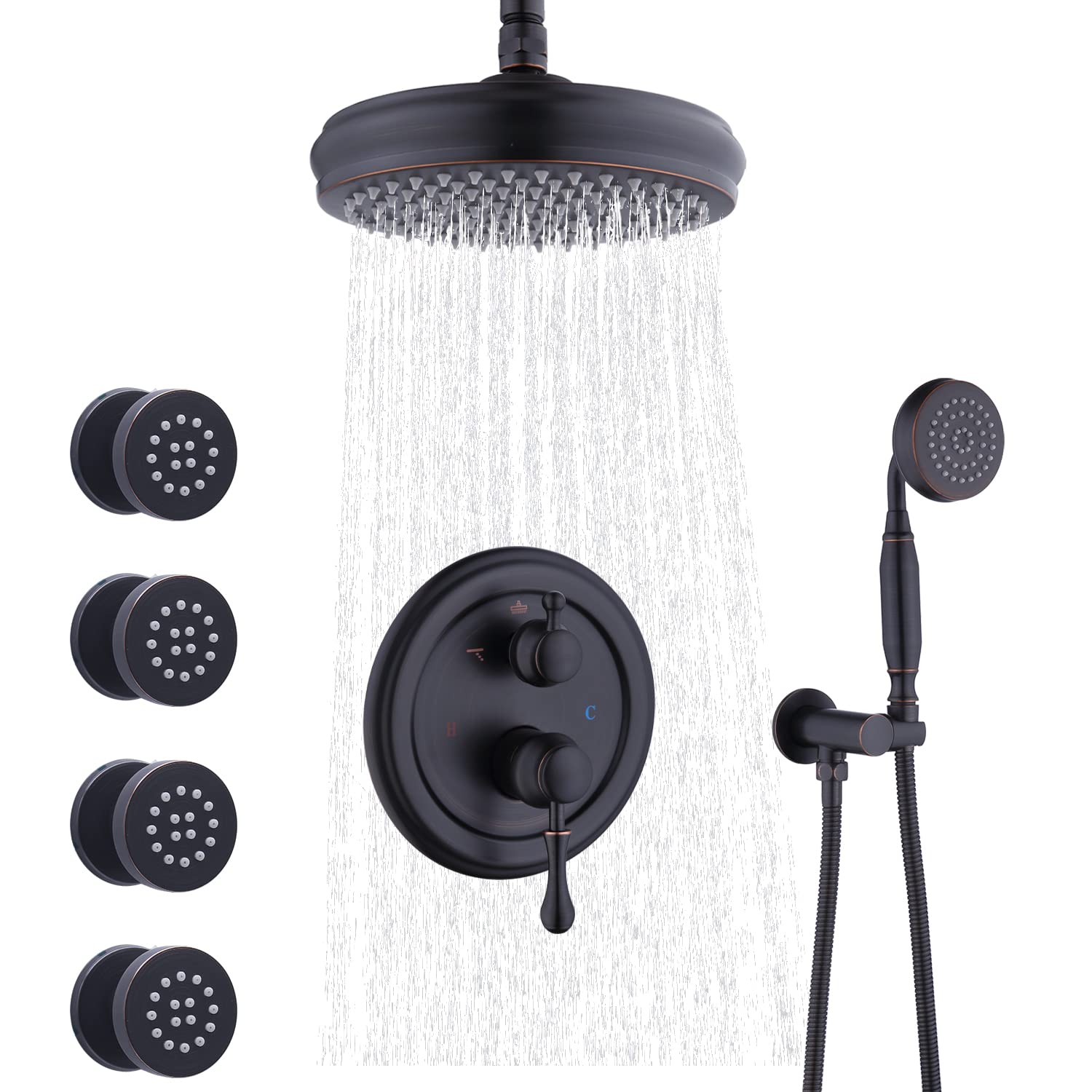 Enga 8 Inch Rain Shower System - Ceiling Mounted All Metal Round Body Spray with Rough-in Valve in Matte Black - Perfect for Luxury Bathroom & Spa Experience