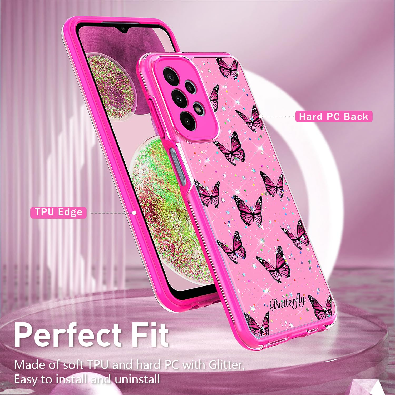 Samsung Galaxy A23 5G Case with Screen Protector [2 Pack] - Cute Glitter Butterfly Design, Slim Soft TPU Shockproof Bumper & Hard Back Cover for Women & Girls (Pink) - Perfect for Everyday Use, School, Work, and Travel Protection