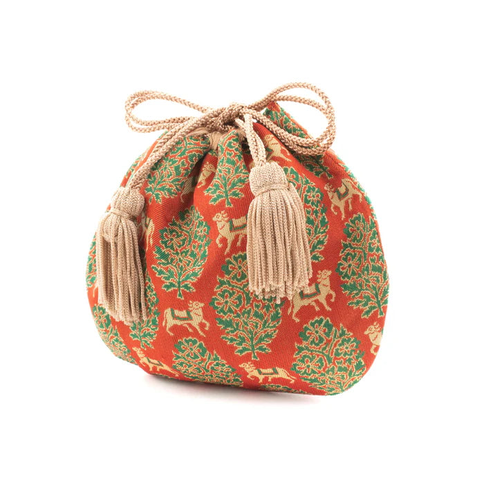 Handmade Kyoto Nishijin Ori Small Drawstring Pouch - Bull & Red Design - Authentic Japanese Traditional Craft Purse for Coins, Jewelry & Gifts