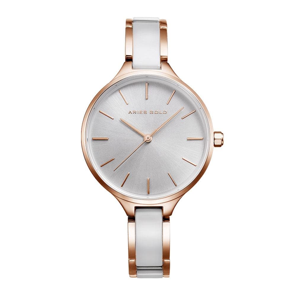 Aries Gold Enchant Rose Gold Stainless Steel Women's Watch with White Ceramic Band - Elegant & Durable Timepiece for Everyday Wear, Office & Special Occasions