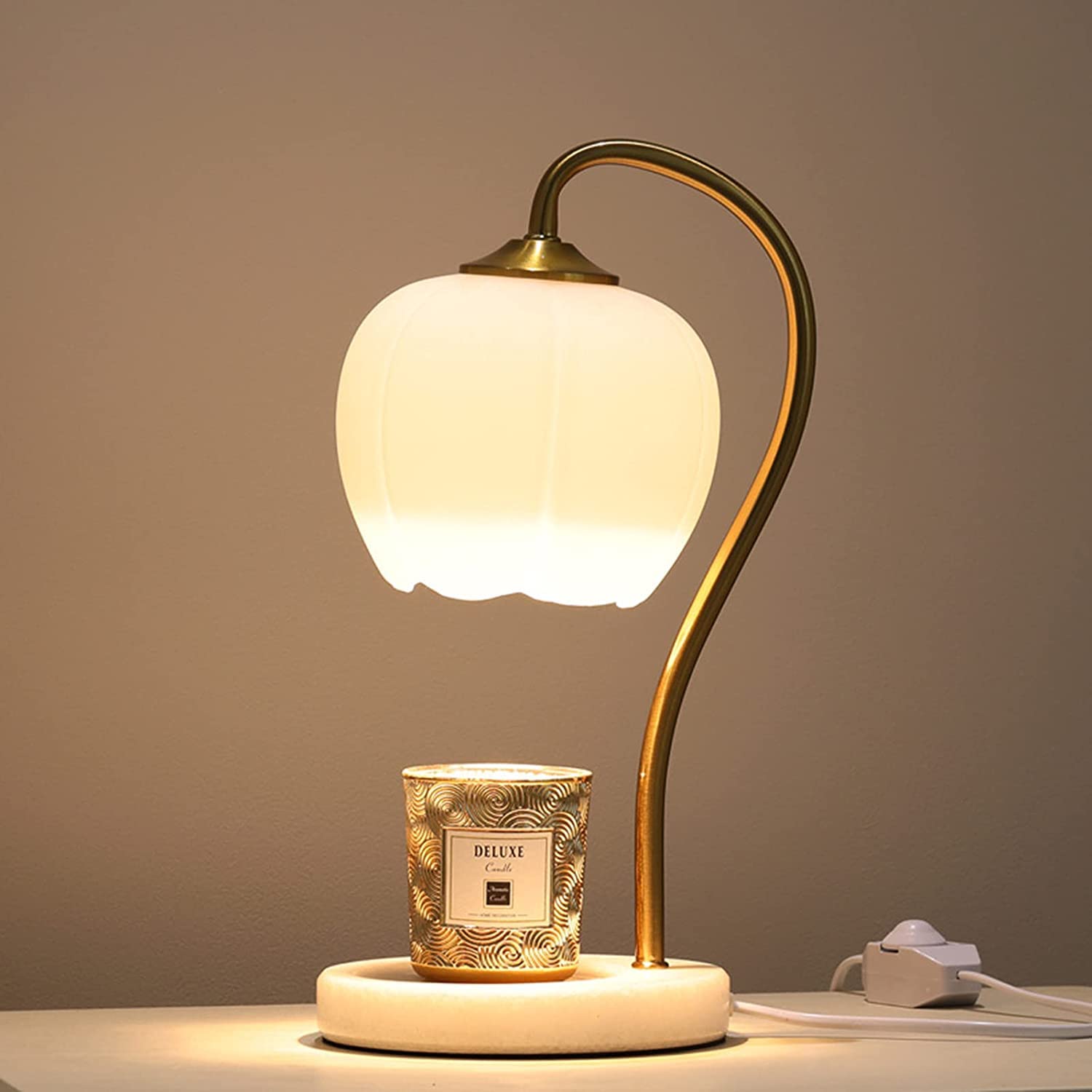 White Flower Glass Table Lamp - Electric Candle Warmer for Bedroom, Aromatherapy Wax Melting Lamp with Elegant Glass Shade | Perfect for Relaxation, Home Decor & Spa Nights