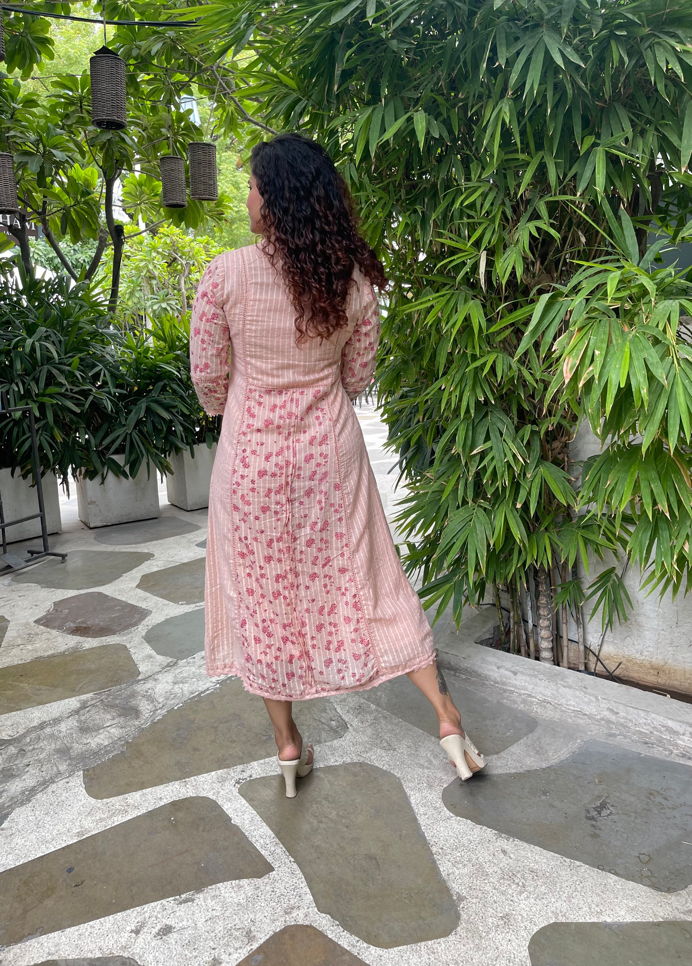 Stylish Pink Cotton Block Print Maxi Dress for Women - Boho Summer Beach Dress for Vacations & Outdoor Parties
