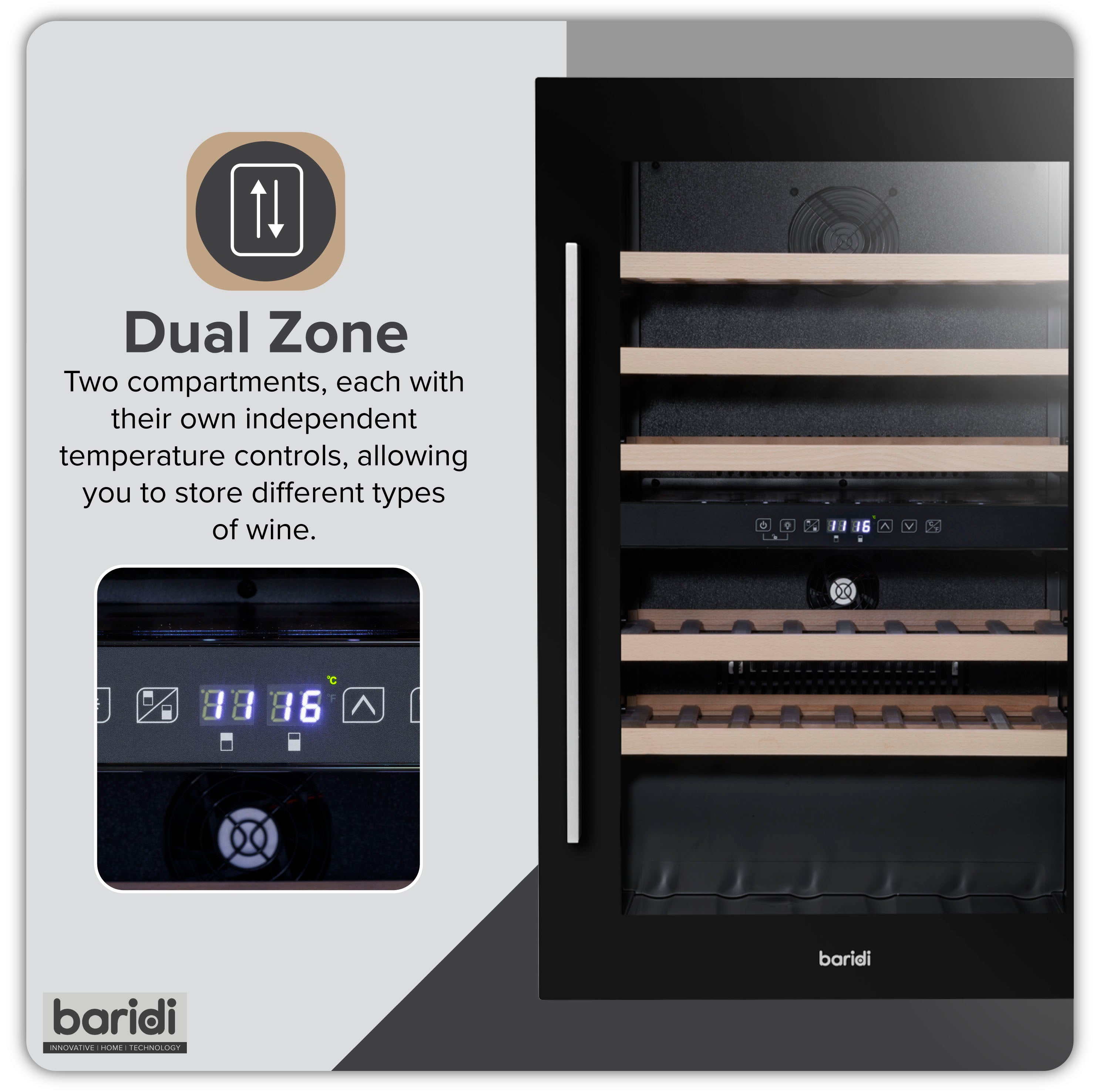 Baridi 60cm Built-In 57 Bottle Dual Zone Wine Cooler with Beech Wood Shelves - Black (DH118) | Perfect for Home Bars, Restaurants & Wine Cellars | Energy Efficient Wine Refrigerator for Red & White Wines