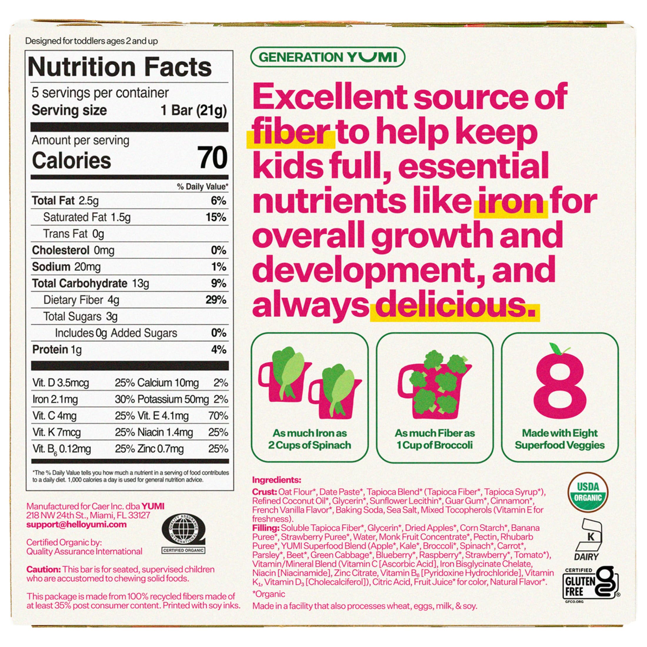 Yumi Organic Toddler Snacks Bars - Gluten-Free, No Added Sugar, 7+ Vegetables, Soft-Baked, Healthy Kids Snack for School, Lunch Boxes & On-The-Go (Strawberry Rhubarb, 30 Count) - Perfect for Preschool Snack Time, Road Trips & After-School Treats