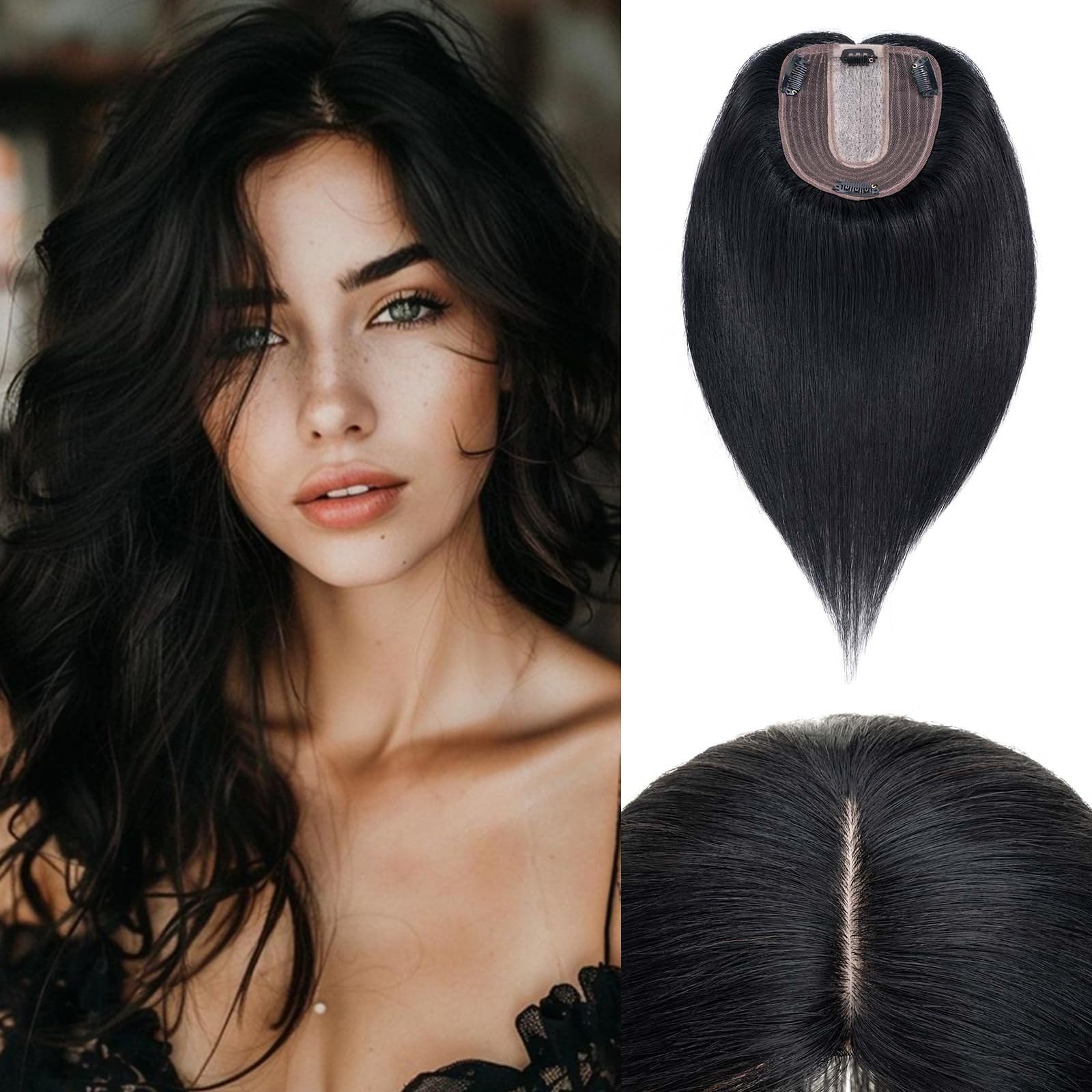 100% Human Hair Toppers for Women - Remy Clip-In Hair Topper with Silk Base for Thinning Hair, 14 Inch Jet Black (#1) | Perfect for Daily Wear, Special Occasions & Hair Volume Enhancement