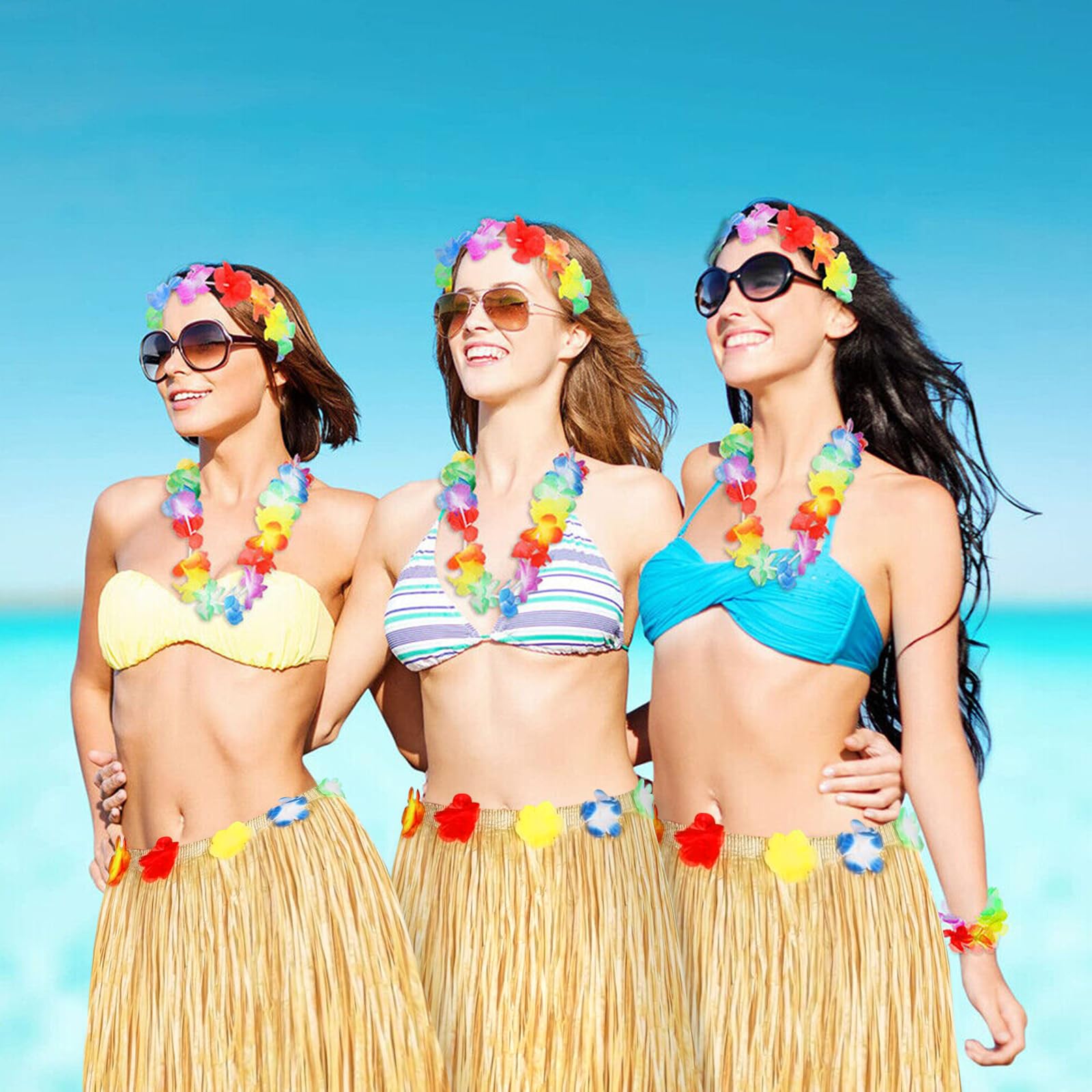 Luau Party Decorations - 2PCS Tropical Hawaiian Grass Table Skirts for Summer Beach Themed Parties, Aloha Luau Favors & Hawaiian Flower Decor | Perfect for Backyard Luaus, Tiki Parties & Tropical Celebrations (Straw Yellow)
