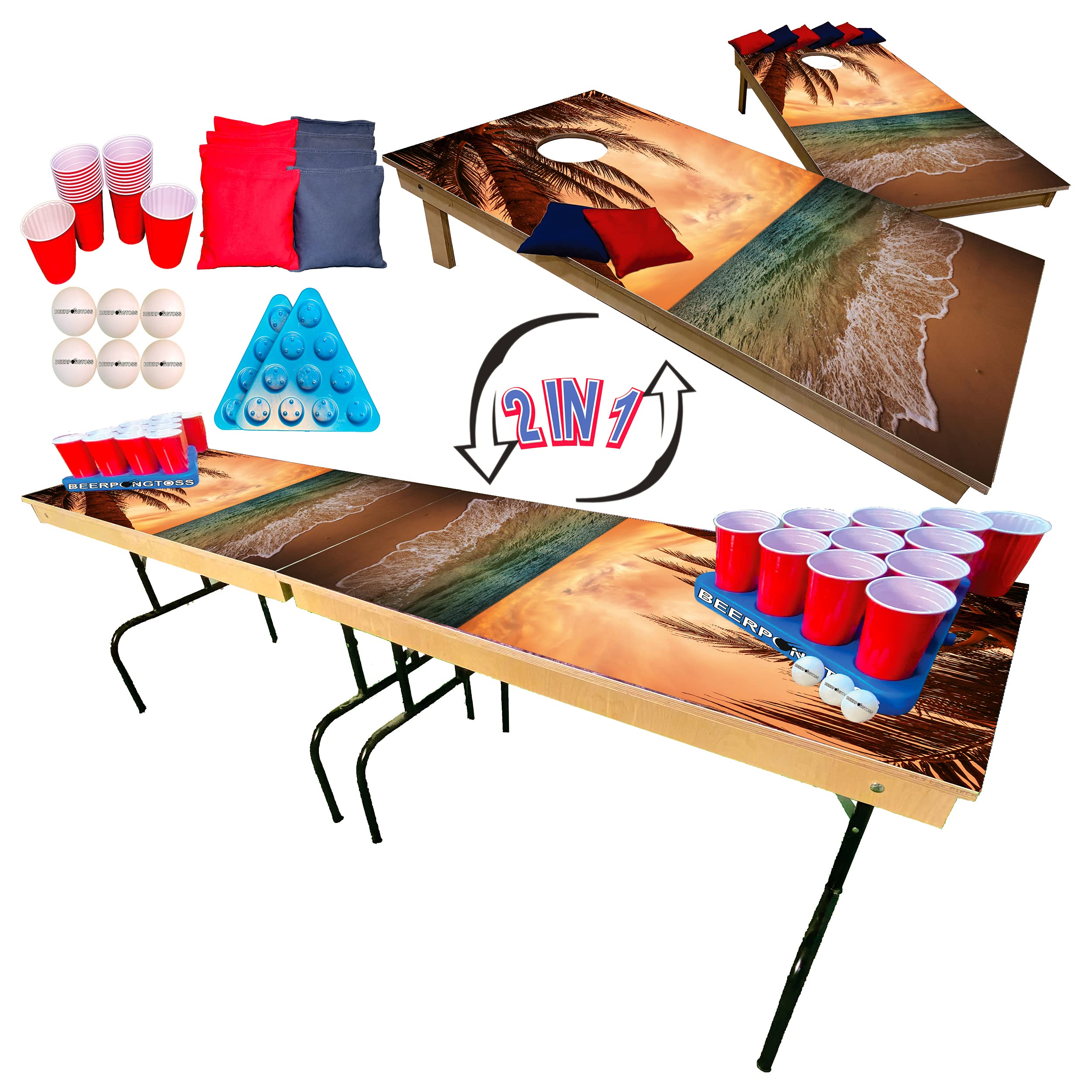 2-in-1 Cornhole & Tailgate Pong Table Set - Tropical Beach Theme for College Parties, Tailgates & Outdoor Games - Includes 8Ft Table, 2 Cornhole Boards (4x2Ft), 8 Bags, 22 Cups, 6 Balls & 2 Racks - Perfect for Backyard BBQs, Beach Parties & Game Nights
