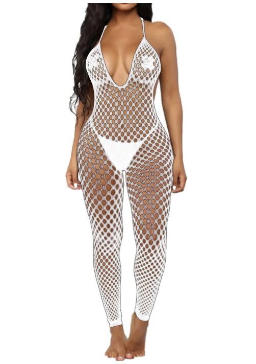 **Sexy Women's Lingerie Bodysuit - Full Body Mesh V-Neck Fishnet Stockings Nightwear for Romantic Nights & Boudoir Photography**