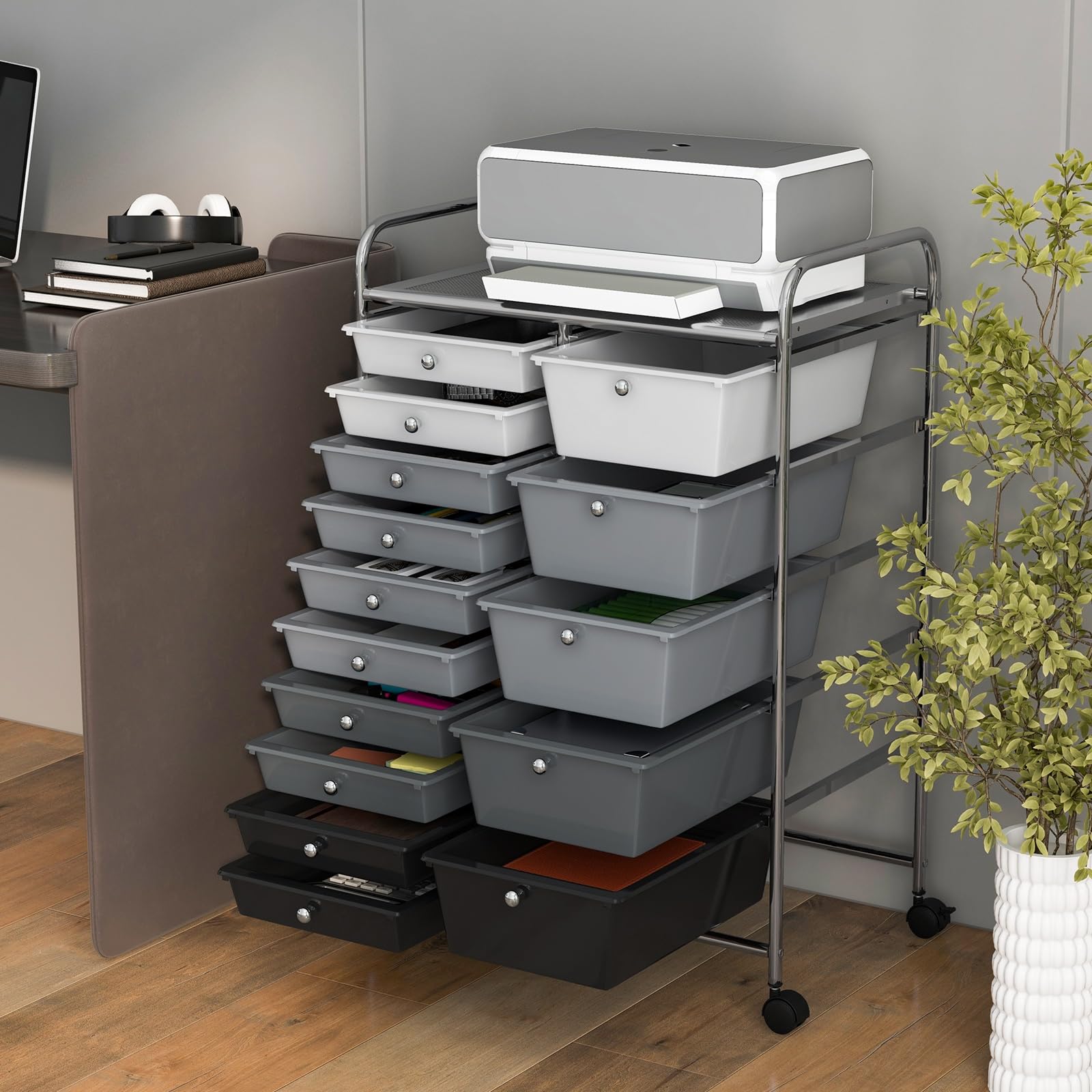 Byroce 15-Drawer Rolling Storage Cart with Wheels - Mobile Organizer for Art Supplies, School Tools, Office Paper & Craft Materials - Multipurpose Classroom & Home Office Storage Solution (Grey) - Perfect for Teachers, Artists & DIY Enthusiasts