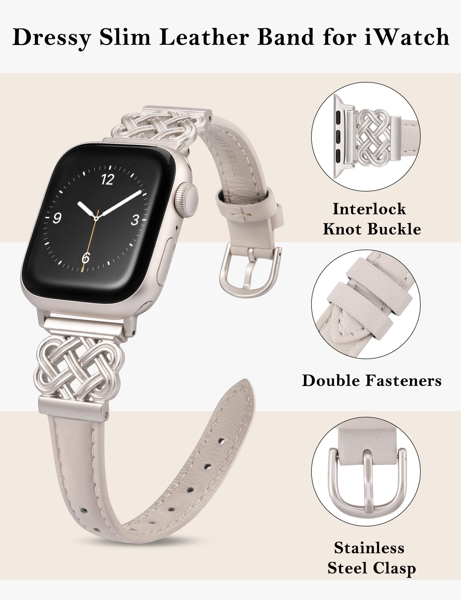 Premium Leather Apple Watch Band for Women - Compatible with 38/40/41/42mm iWatch Series 10/9/8/7/6/5/4/3/2/1 & SE - Slim Dressy Strap with Designer Buckle (Starlight) - Perfect for Work, Parties & Everyday Wear