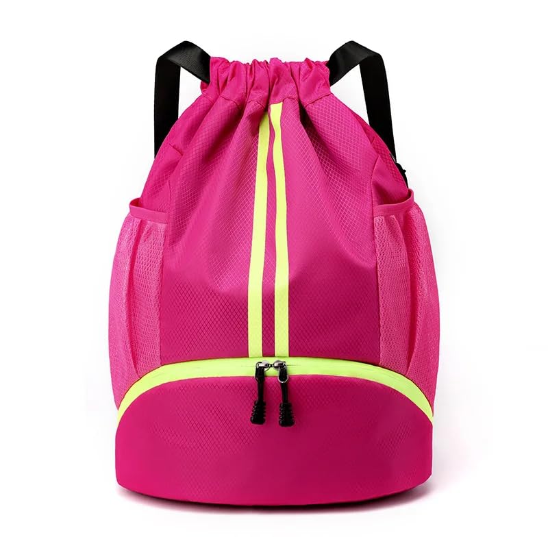 Gym Drawstring Backpack for Men & Women - Sports Workout Basketball Bag with Wet/Dry Separation Pockets & Shoe Compartment - Ideal for Running, Fitness, Cycling, Swimming, Camping (Rose Red)