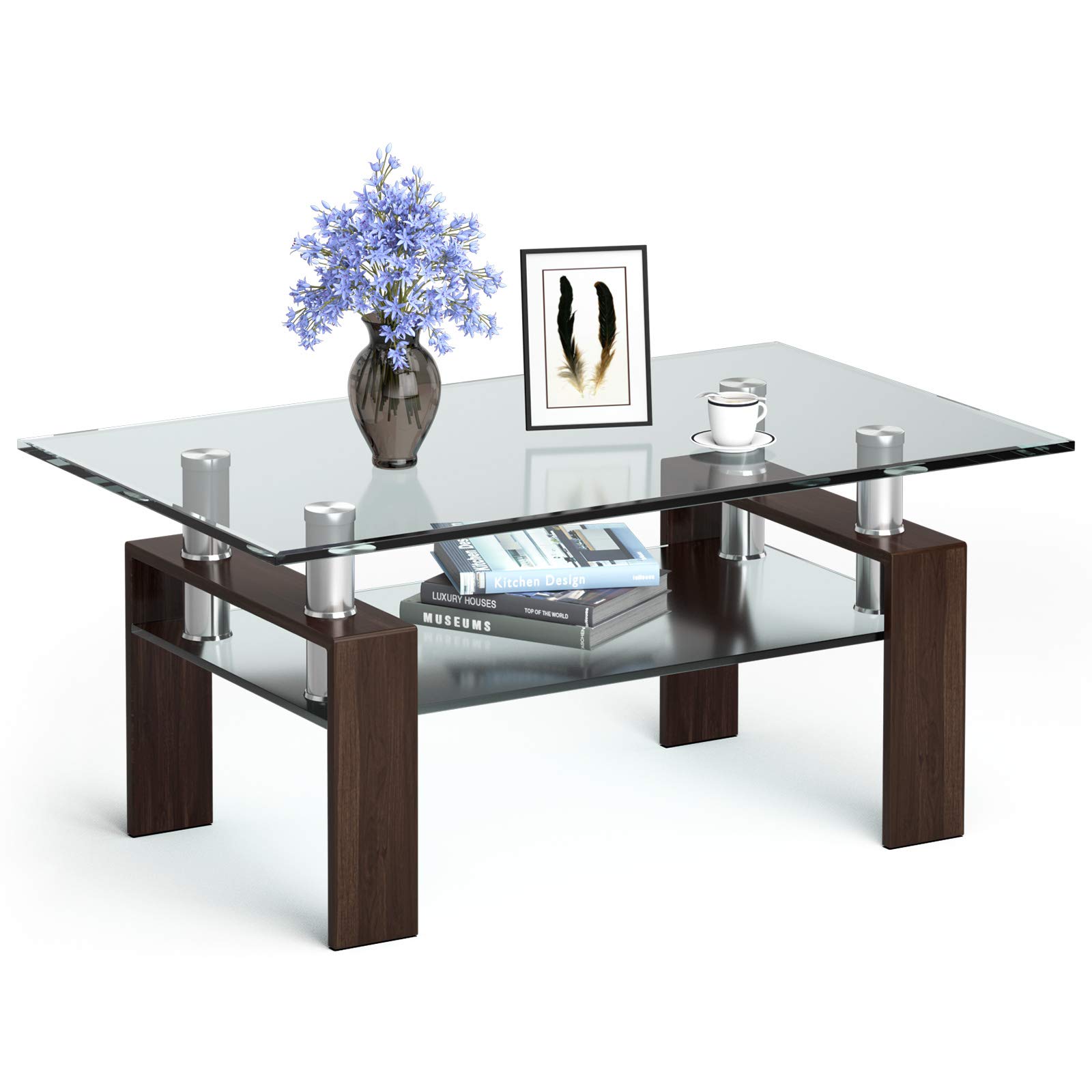 Tangkula Modern Rectangular Glass Coffee Table with Lower Shelf - Tempered Glass Top & Sturdy Metal Legs - Perfect for Living Room, Office, or Lounge (Coffee Table, Side Table)