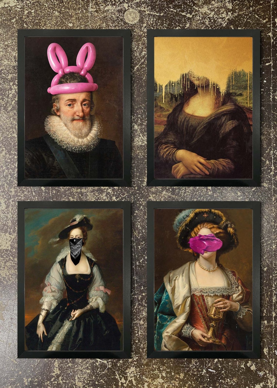 4 Premium Art Prints & Frames Set - Bunny Ears, Gold Mona Lisa, Gang Female Portrait, Pink Smudge Face - Perfect for Home Decor, Office Wall Art & Gift Giving