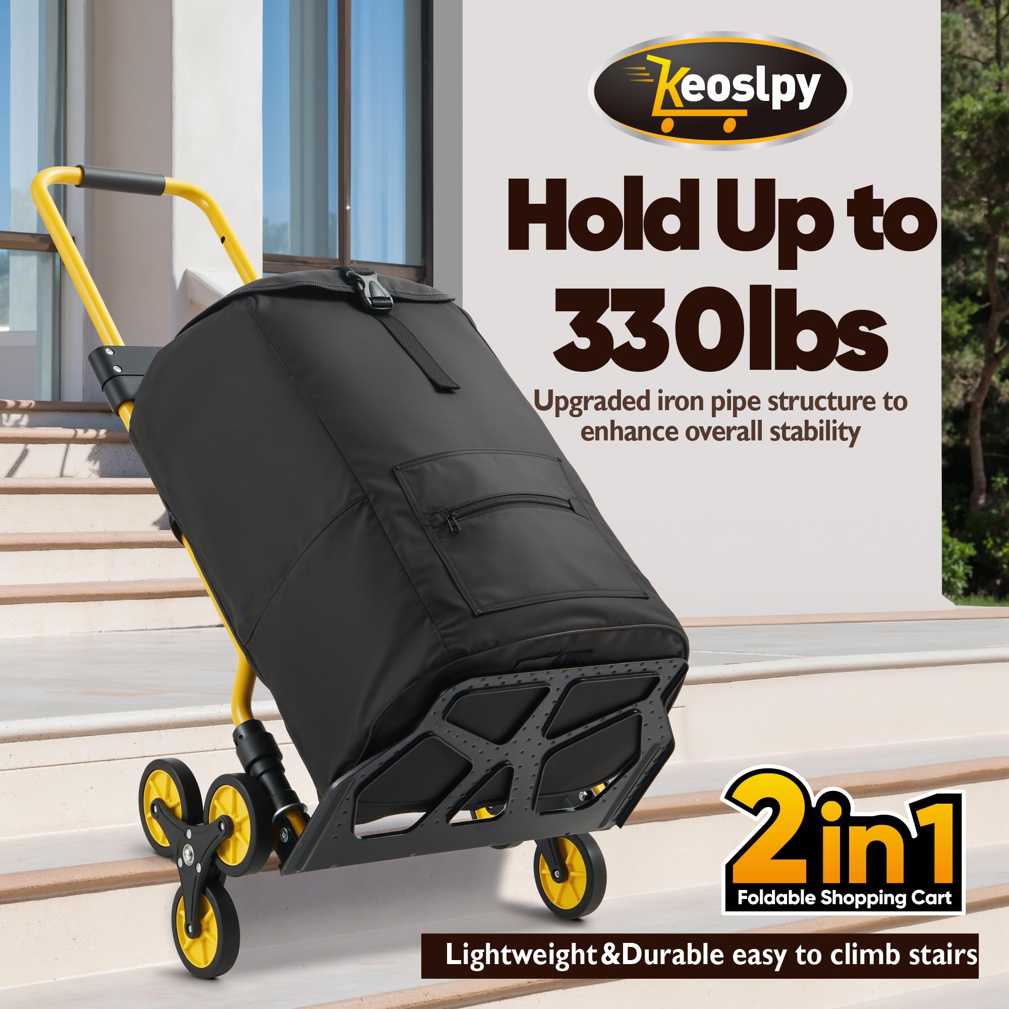 **Upgraded 330Lbs Heavy Duty Folding Stair Climbing Hand Truck Dolly with Wheels - Portable Shopping Cart for Moving, Groceries, Luggage, Travel & Office - Perfect for Home, Warehouse, and Retail Use**