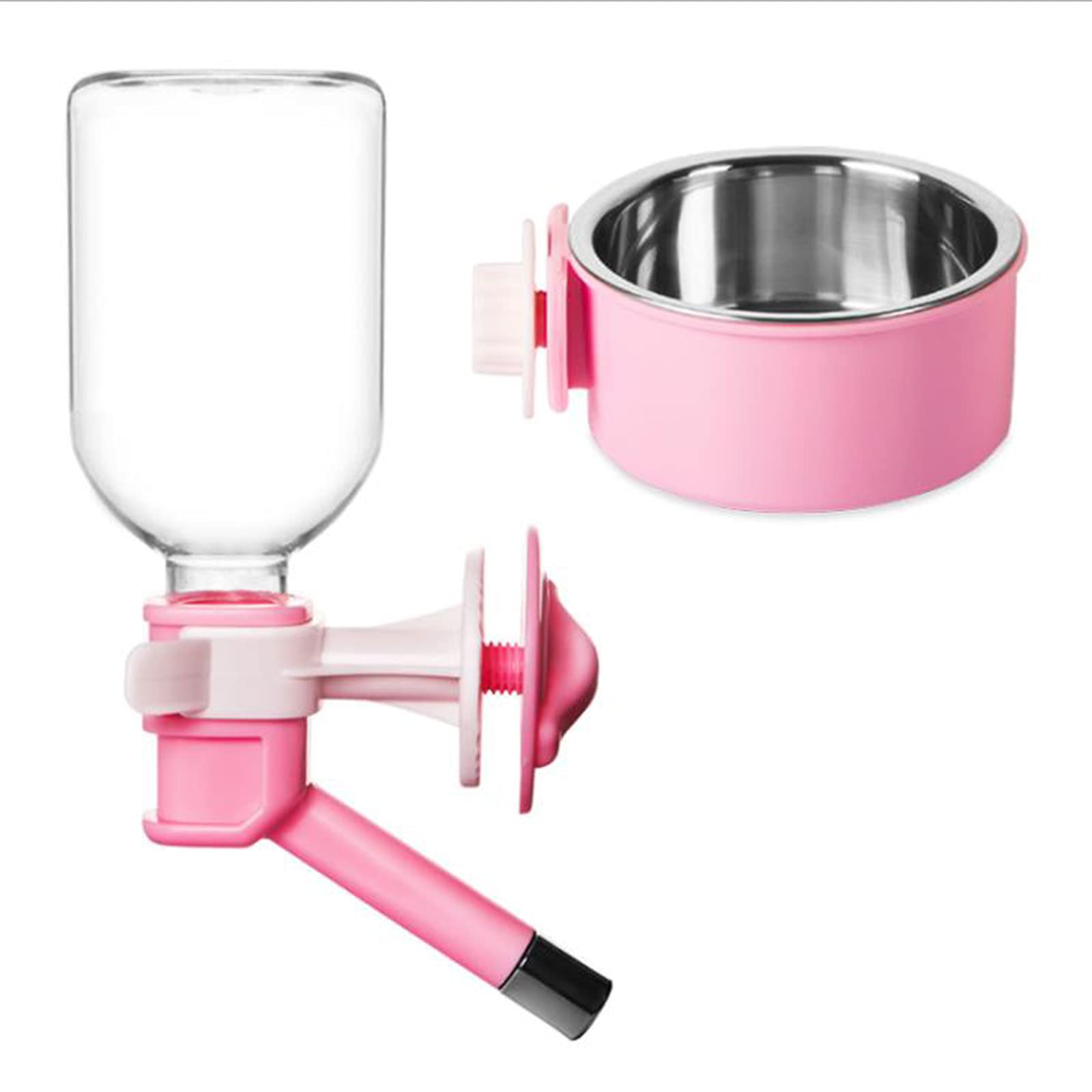 LANGCA Automatic Pet Feeder & Water Dispenser - Detachable Hanging Bottle with Stainless Steel Bowl for Cats, Dogs, Small Animals - Perfect for Cages, Travel & Home Use (Pink)