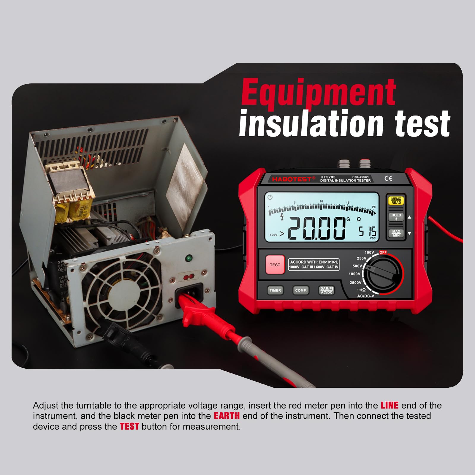 HABOTEST HT5205 Digital Insulation Tester - 0-4KΩ Resistance Range, 200V Voltage Measurement, LCD Backlit Display Megohmmeter Multimeter - Perfect for Electrical Safety Testing, Grounding Systems & Industrial Maintenance