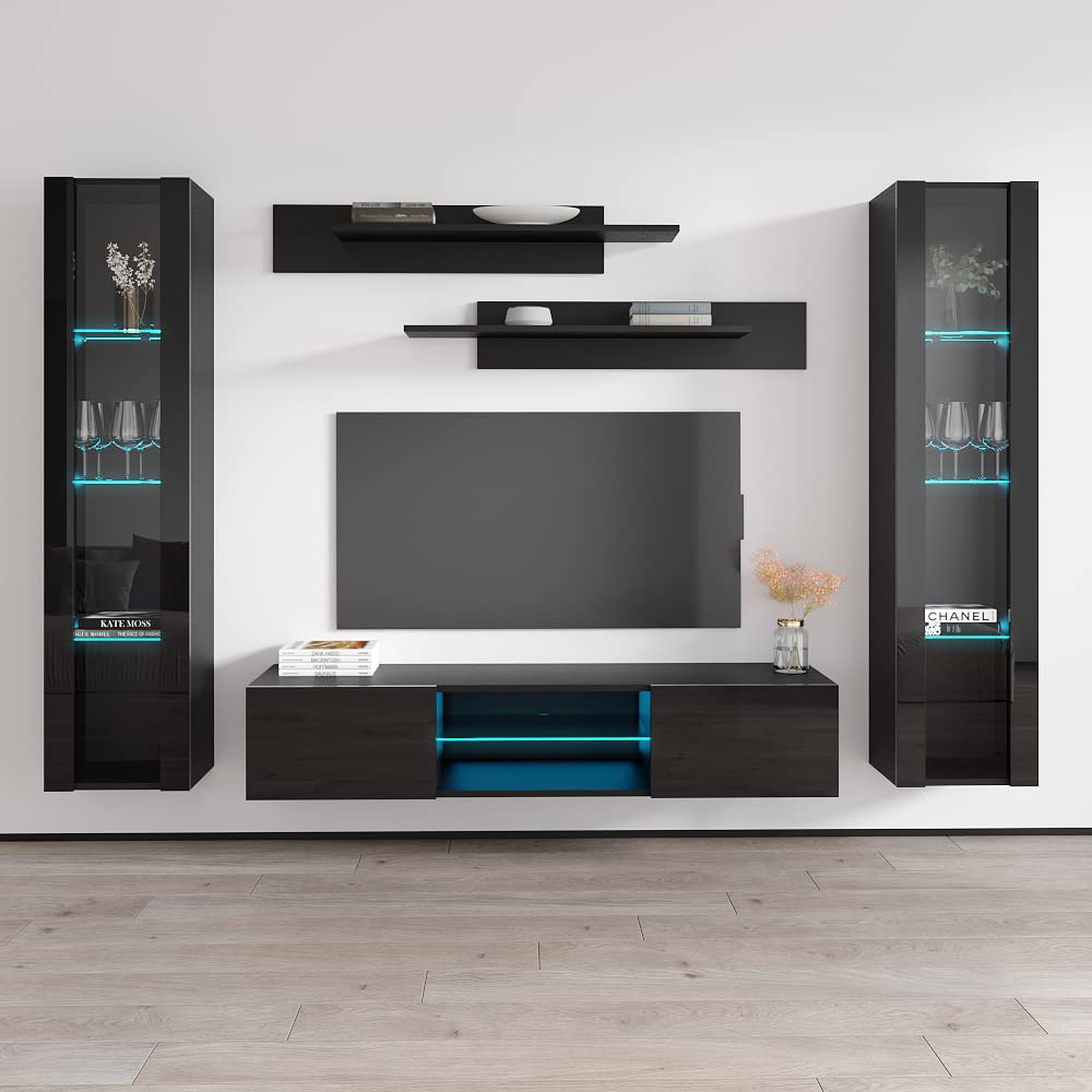 Modern Wall-Mounted TV Stand with Storage Shelves & LED Lights - Floating Entertainment Center Console for Bedroom & Living Room - AB2 33TV Stand by Meble Furniture - Perfect for Small Spaces, Apartments & Home Theater Setups - Black