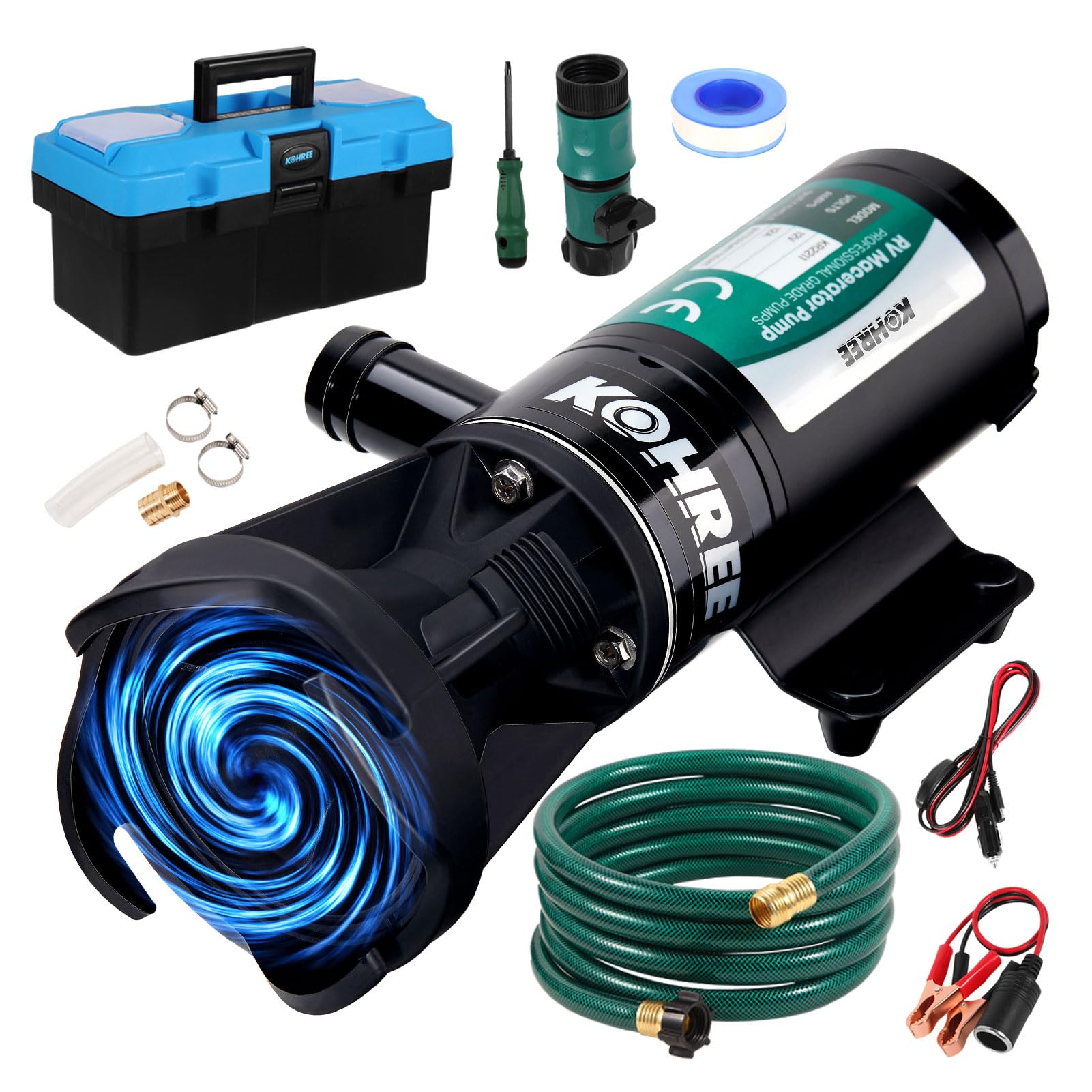 Kohree 12V RV Macerator Pump - 12GPM Self-Priming Waste Water Pump with Quick-Release & Hose Fittings | Includes Black Water Hose & Storage Box | Perfect for RV Campers, Trailers & Motorhomes | Easy Waste Tank Emptying for Camping Trips