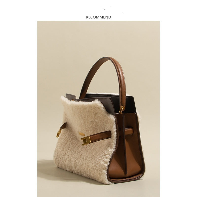 Genuine Leather Tote Bag with Lamb Wool Lining - Winter Shoulder Bag & Crossbody Purse for Women - Perfect for Work, Travel & Everyday Use