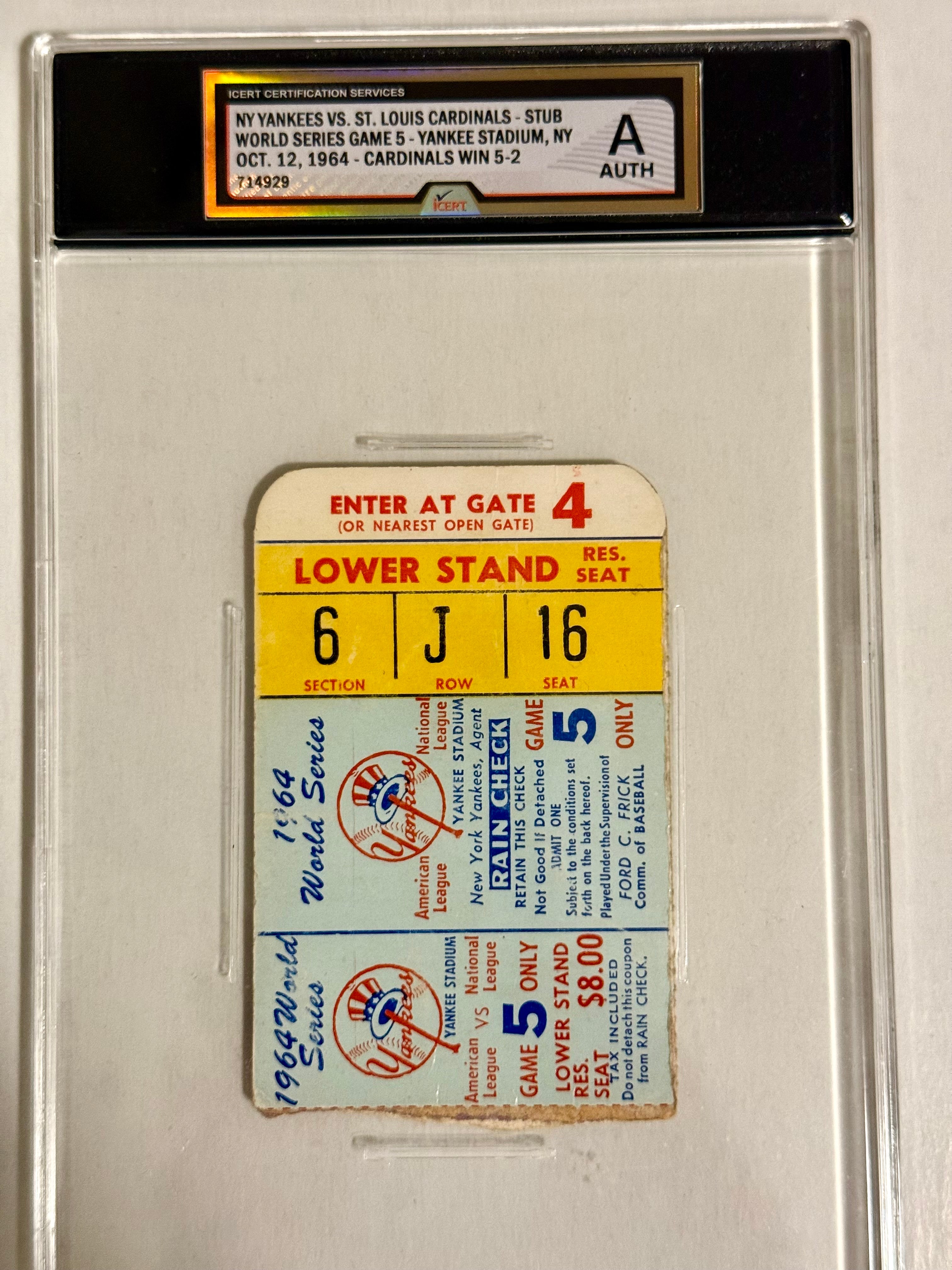 Authentic 1964 World Series Game 5 Graded Baseball Ticket - Rare Collectible Memorabilia for Sports Fans & History Enthusiasts - Perfect for Display, Investment, or Gift Giving