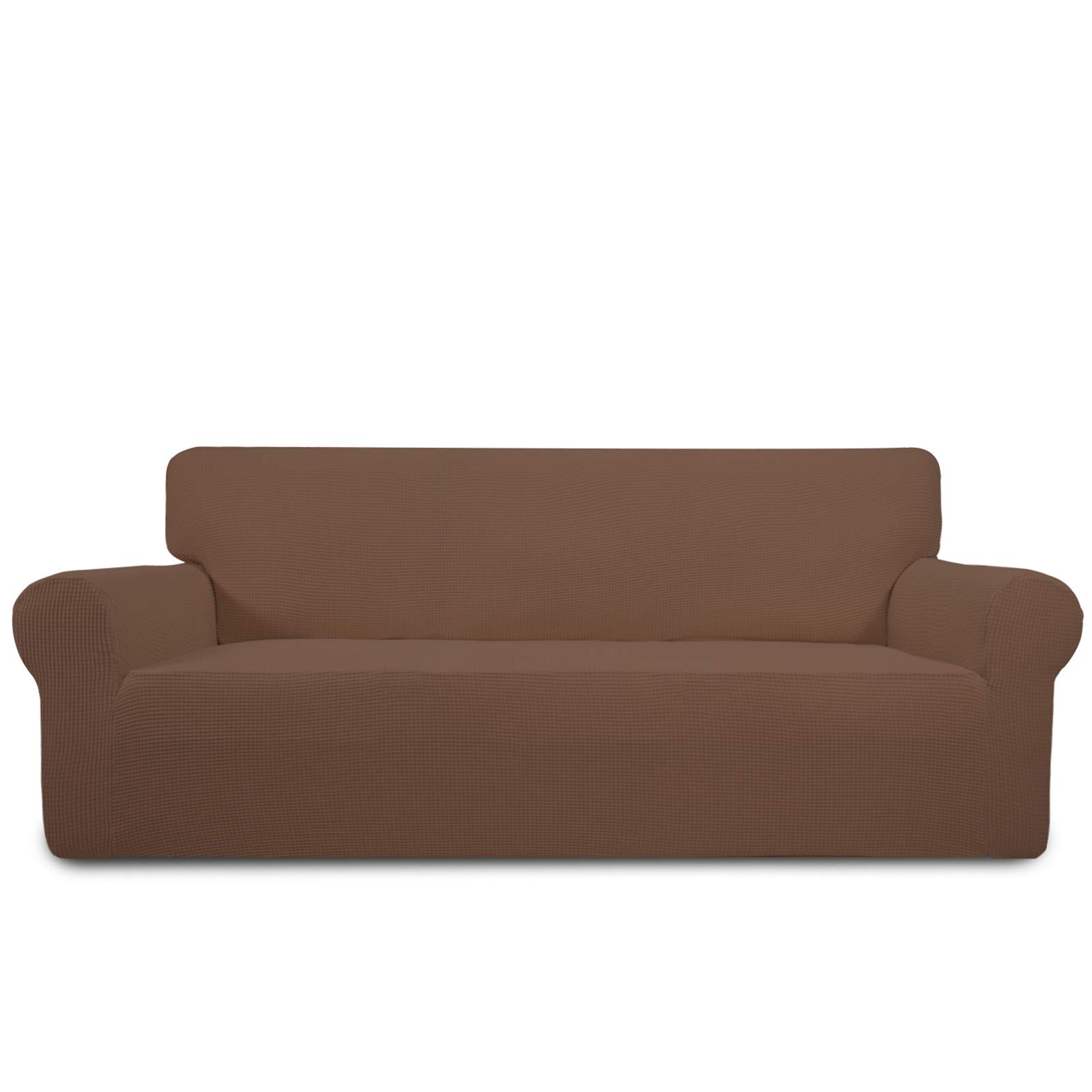 PureFit Stretch Sofa Slipcover - Spandex Jacquard Non-Slip Sofa Cover with Elastic Bottom, Washable Furniture Protector with Non-Skid Foam for Living Room, Family Room, Kids Play Area (Brown, Sofa Size)