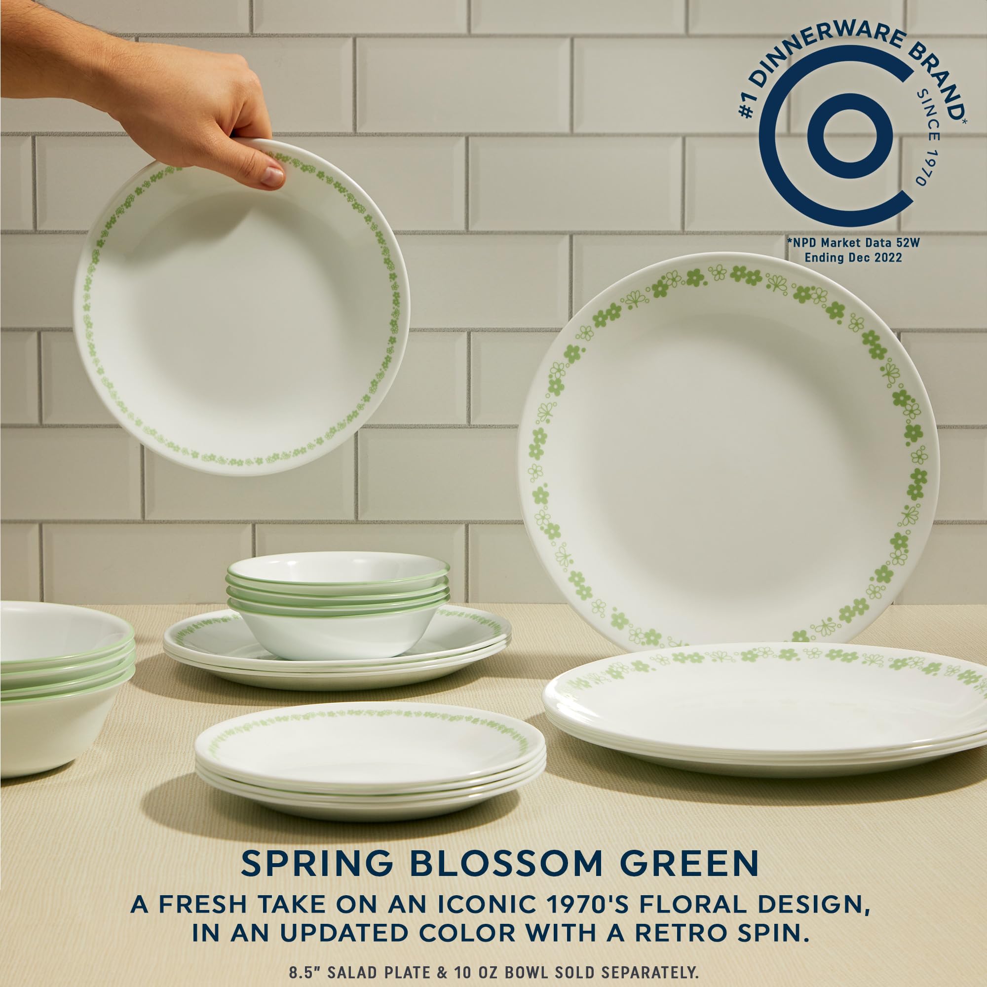 Corelle Vitrelle 18-Piece Dinnerware Set for 6, Chip & Crack Resistant Glass Plates & Bowls, Spring Blossom Green - Perfect for Everyday Dining, Family Gatherings & Dinner Parties