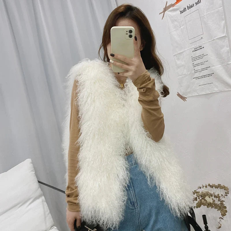 Luxury Thick Warm Mongolian Sheep Fur Vest for Women - 11 Colors, V-Neck Wool Coat | Winter Fashion, Outdoor Activities, Casual & Formal Wear
