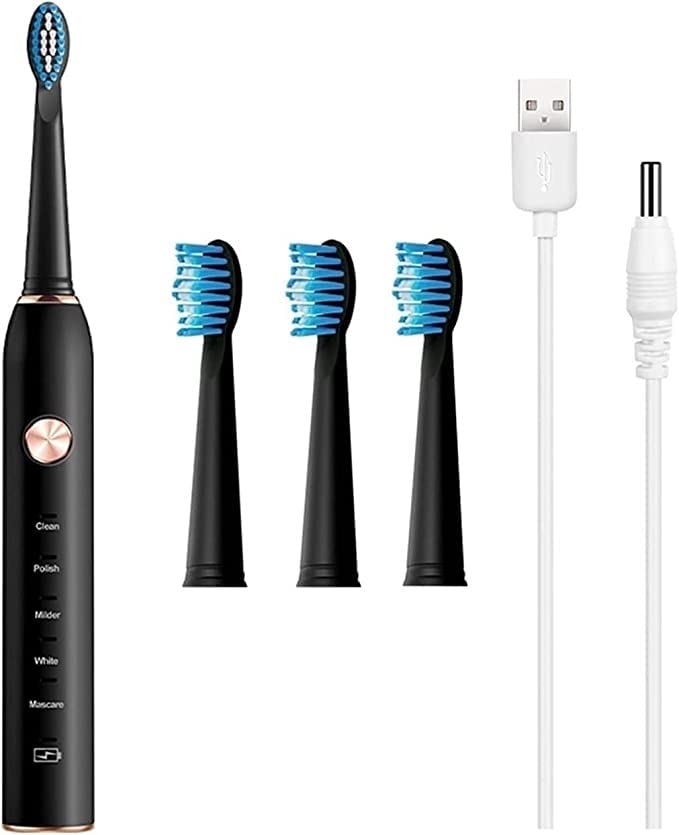 QINERSAW Electric Toothbrush with 4 Brush Heads - Ultra Whitening, 5 Cleaning Modes & Smart Timer - Wireless Charging & Sonic Technology - Perfect for Travel & Daily Oral Care (Black)