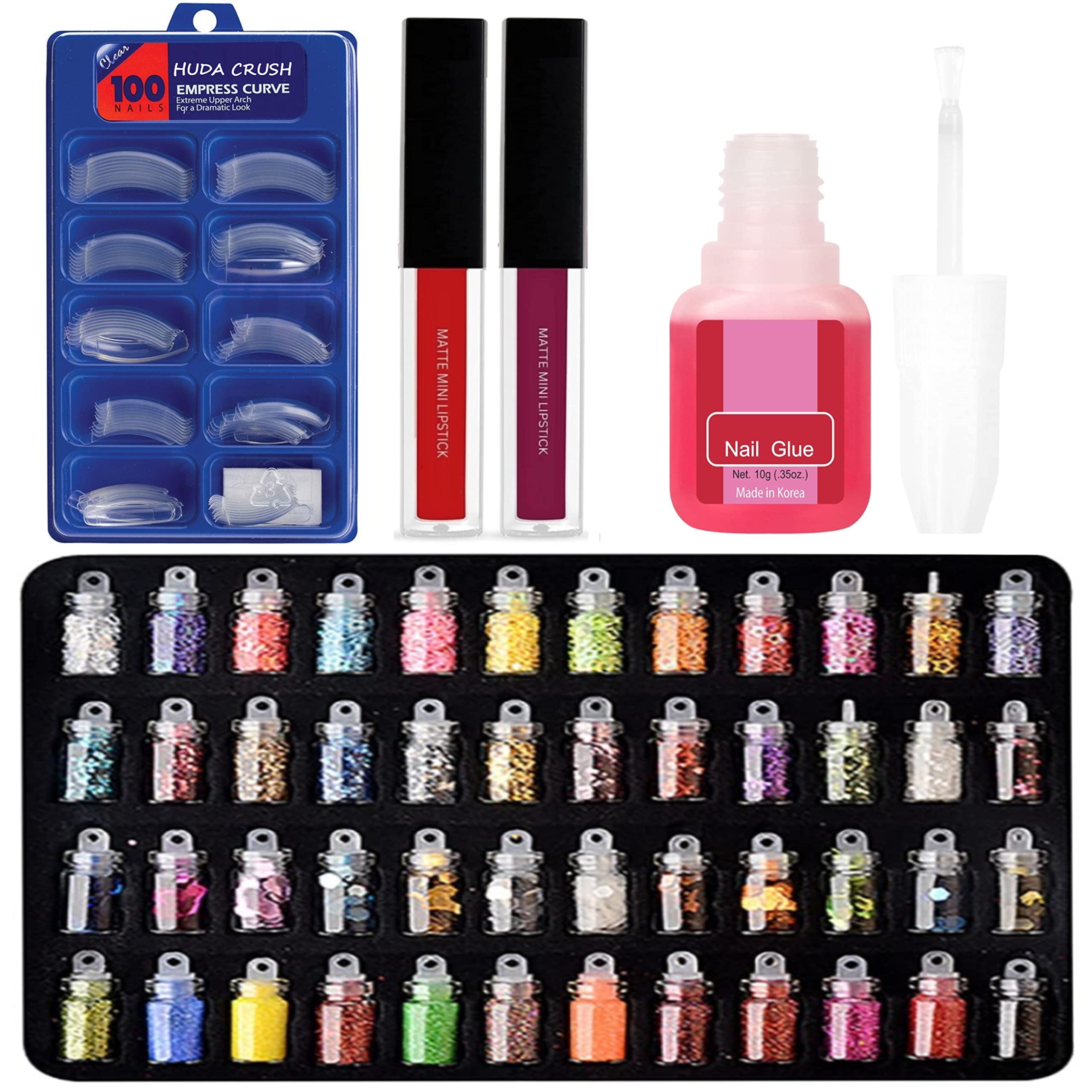 HUDACRUSH 100pcs Clear Fake Nails with 48 Glitter Bottles, Nail Glue & Red Lipstick – DIY Manicure Kit for Parties, Weddings & Special Occasions