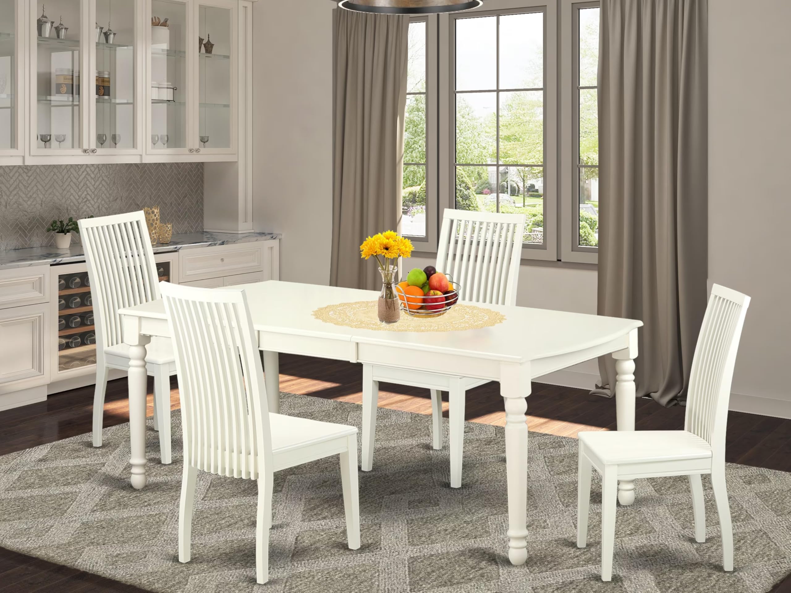 East West Furniture 5-Piece Dining Set with Rectangle Table & 4 Chairs - Expandable Butterfly Leaf (42x78 Inch) - Linen White - Perfect for Small Kitchens & Breakfast Nooks