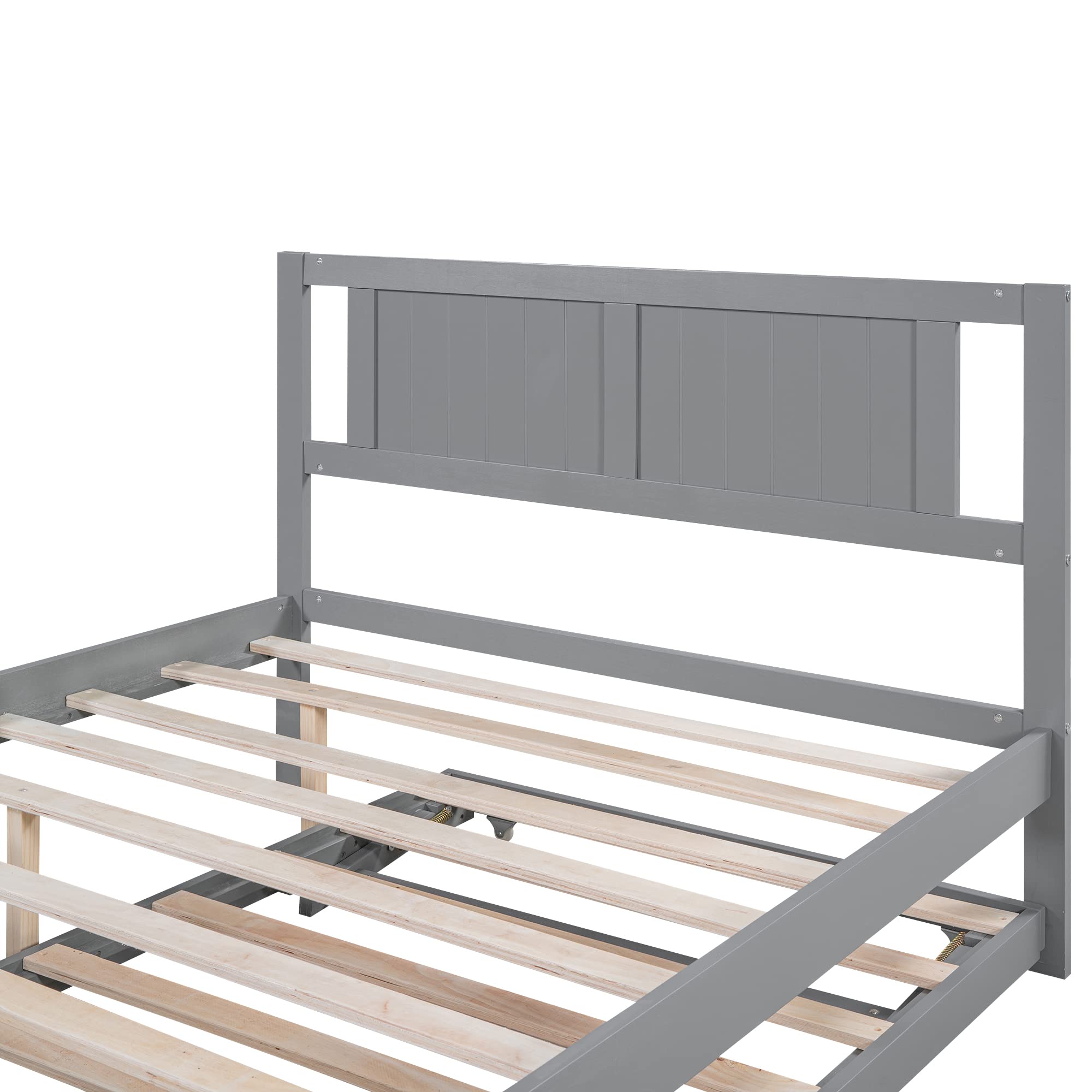 P PURLOVE Full Platform Bed with Adjustable Trundle - Sturdy Wood Bed Frame with Headboard & Slats for Kids, Teens & Adults (Gray) - Space-Saving Design for Small Bedrooms, Guest Rooms & Dormitories - No Box Spring Needed