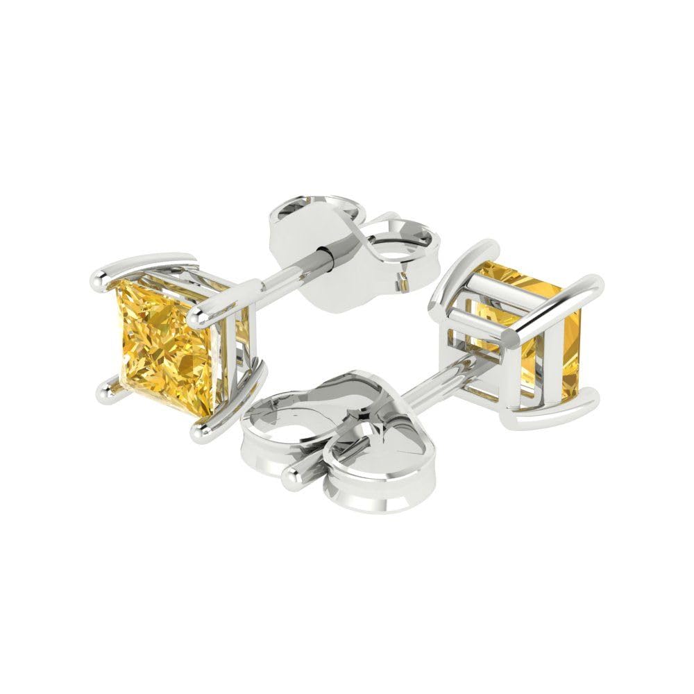 1.50 Carat Princess Cut Canary Yellow Simulated Diamond Stud Earrings in 14K White Gold - Anniversary Gift for Her, Push Back Setting - Perfect for Weddings, Parties & Special Occasions