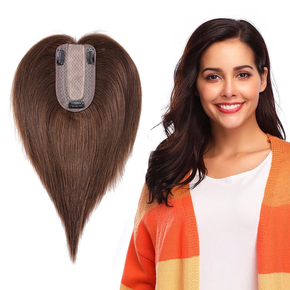 MY-LADY 150% Density Human Hair Topper - No Bangs Clip-In Hairpiece for Women, 14 Inch Medium Brown Silk Base - Perfect for Thinning Hair & Hair Loss - Great for Daily Wear, Parties & Special Occasions