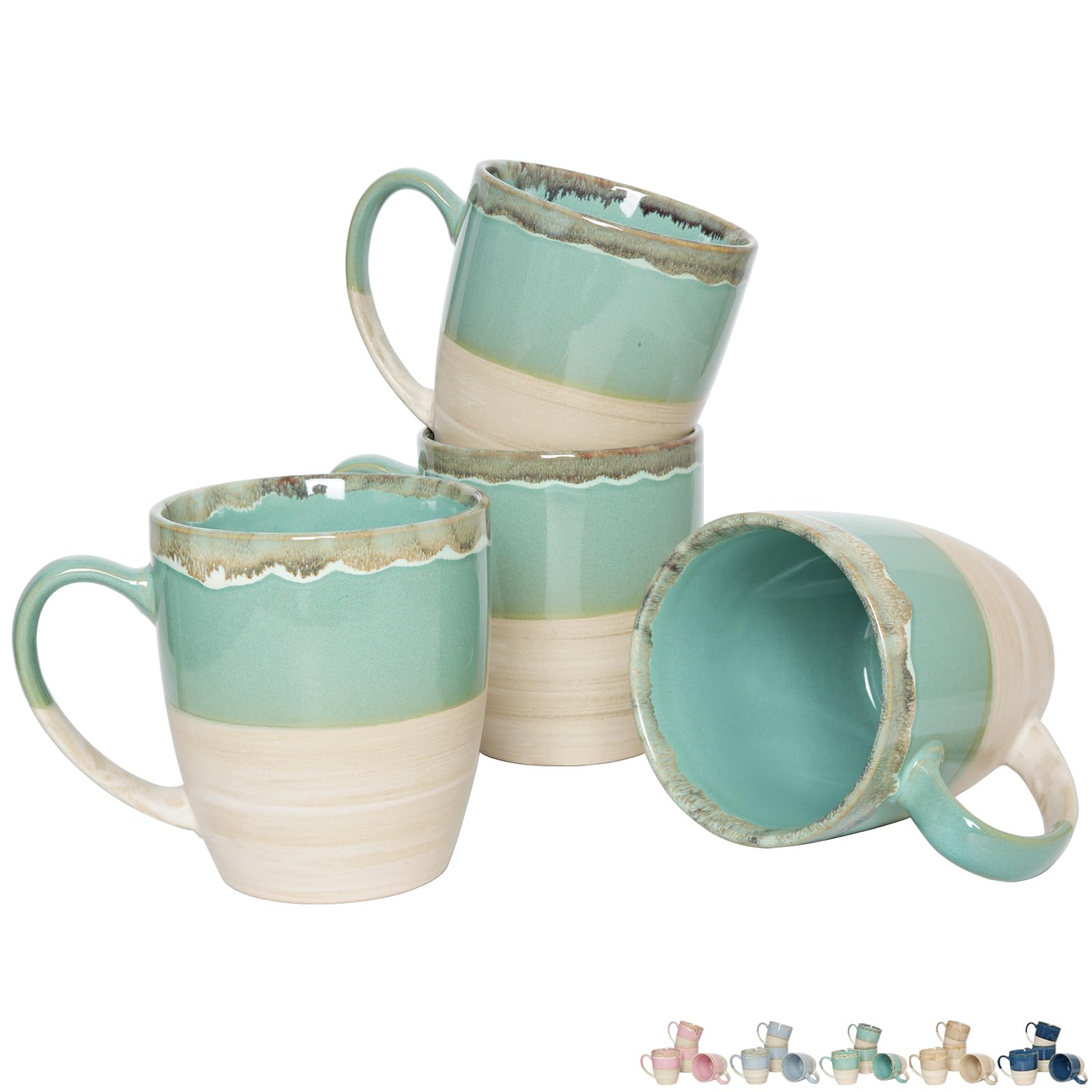 Bosmarlin 16 Oz Ceramic Coffee Mug Set of 4 - Dishwasher & Microwave Safe - Reactive Glaze Tea Cups - 5 Color Options (Green) - Perfect for Home, Office or Gift Giving