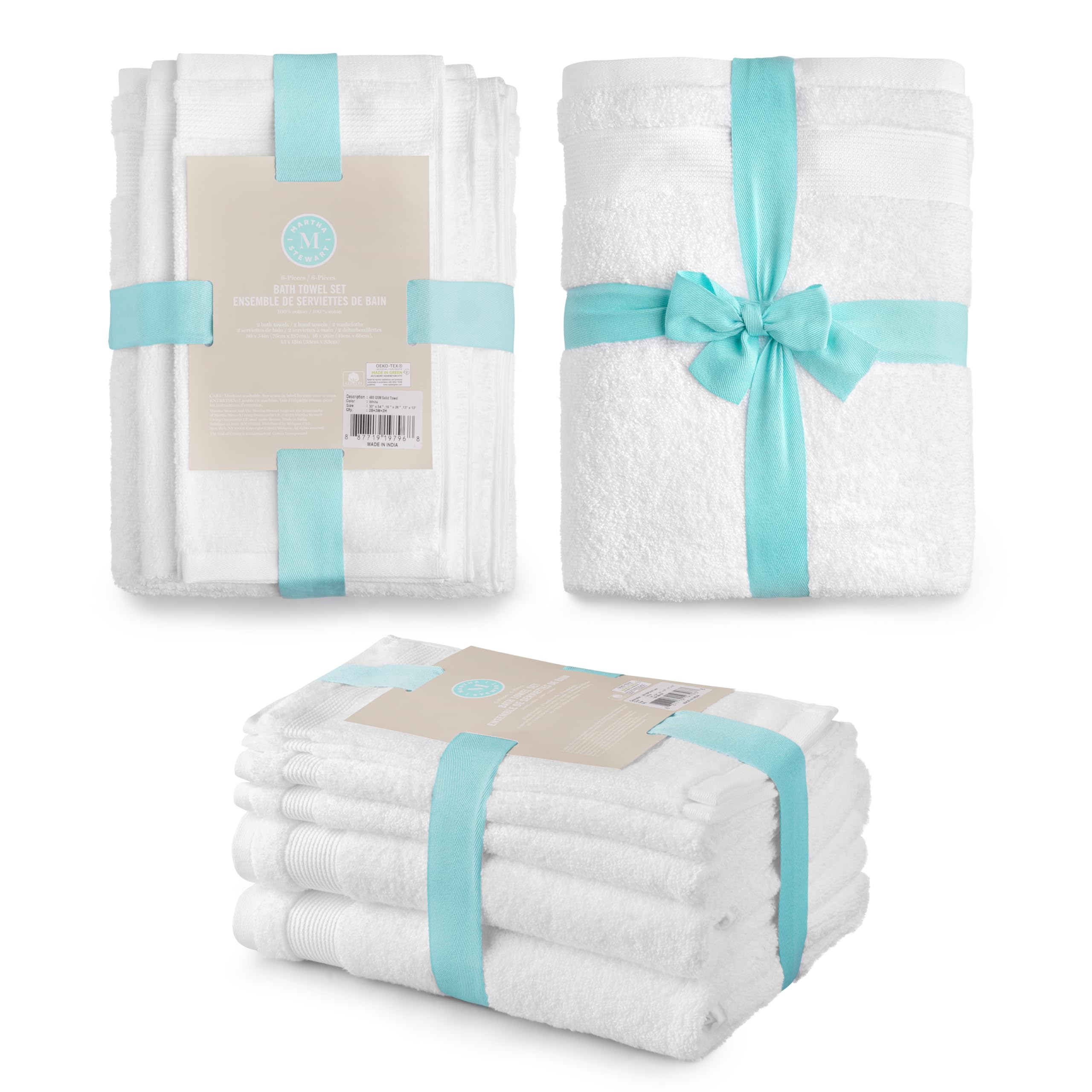 Martha Stewart 6-Piece 100% Cotton Bath Towel Set - 2 Bath Towels, 2 Hand Towels, 2 Washcloths | Ultra Soft, Highly Absorbent & Quick-Drying | Luxury Bathroom Essentials for Spa, Hotel & Home Use (White)