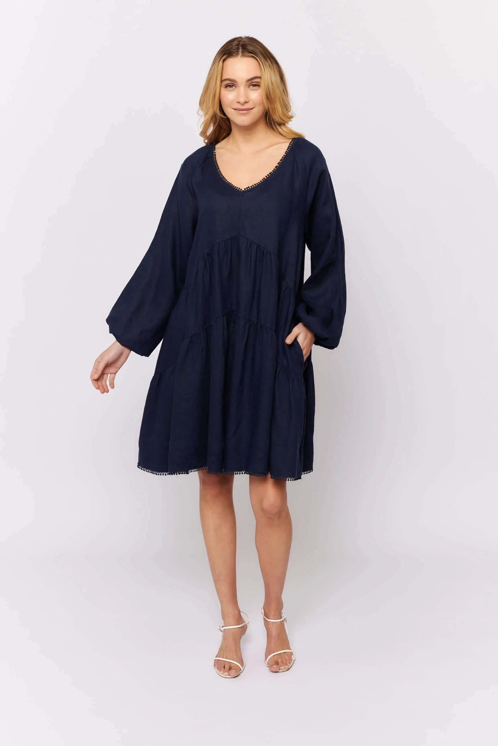 Elegant Baroque Dress in Coastal Navy Linen - Vintage Inspired Formal Gown for Weddings, Parties & Special Occasions