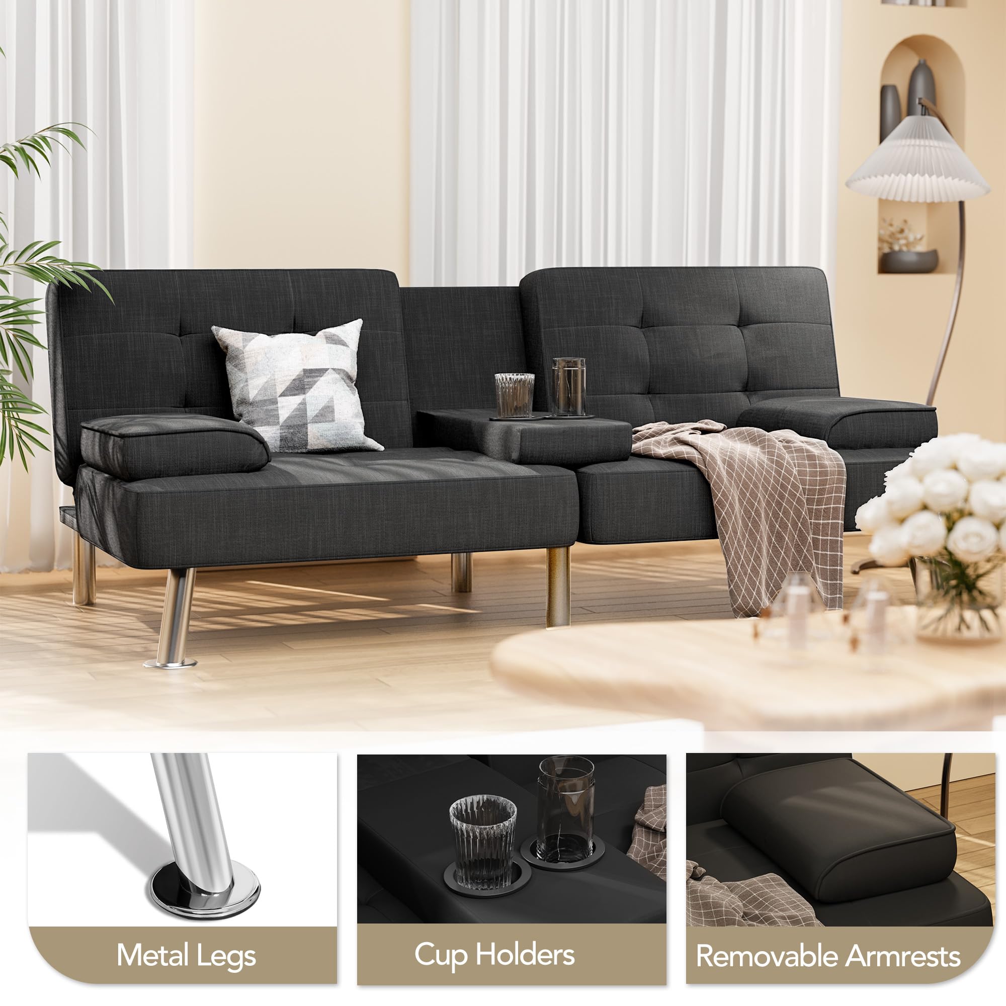 Modern Convertible Folding Futon Sofa Bed with Removable Armrests & Cup Holders - Linen Upholstered, Metal Legs - Space Saving Sleeper for Small Apartments, Guest Rooms & Living Rooms (Deep Black)