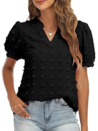 Women's V-Neck Puff Short Sleeve Blouse - Flowy Summer Tops for Casual Wear, Date Night & Office Outfits