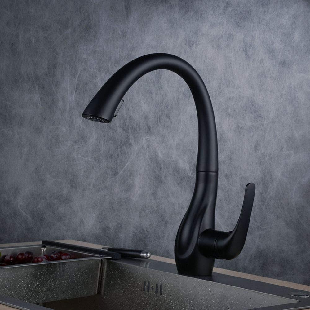 HomeLava Black Pull-Down Kitchen Sink Faucet - Single Hole Brass Water Tap with Sprayer | Durable Baked Paint Finish for Bar, Bathroom & Basin Sinks | Perfect for Modern Homes & Commercial Spaces